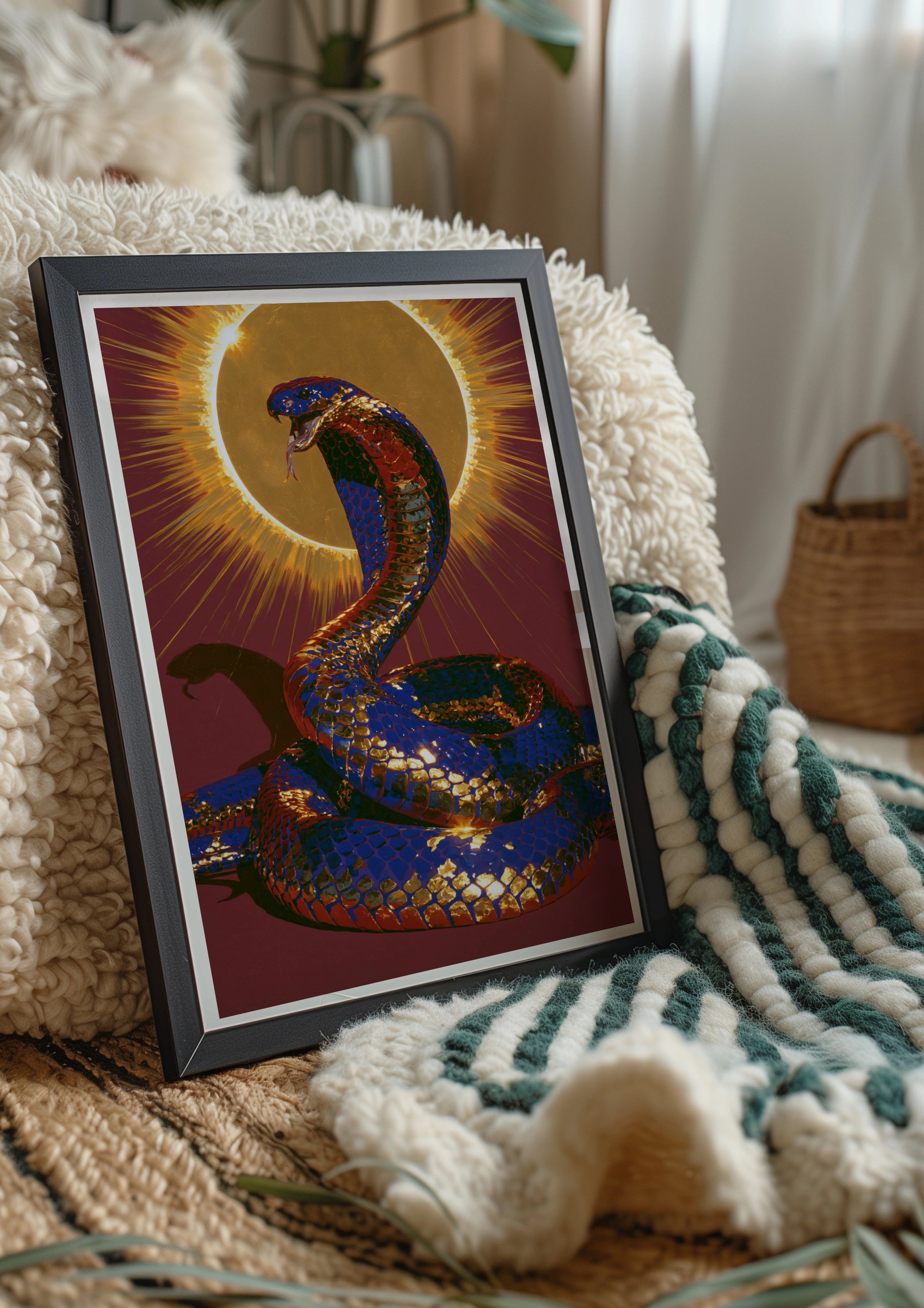 Cobra Snake Sun Poster, Crimson Blue Gold Wall Art, Mythic Serpent Print