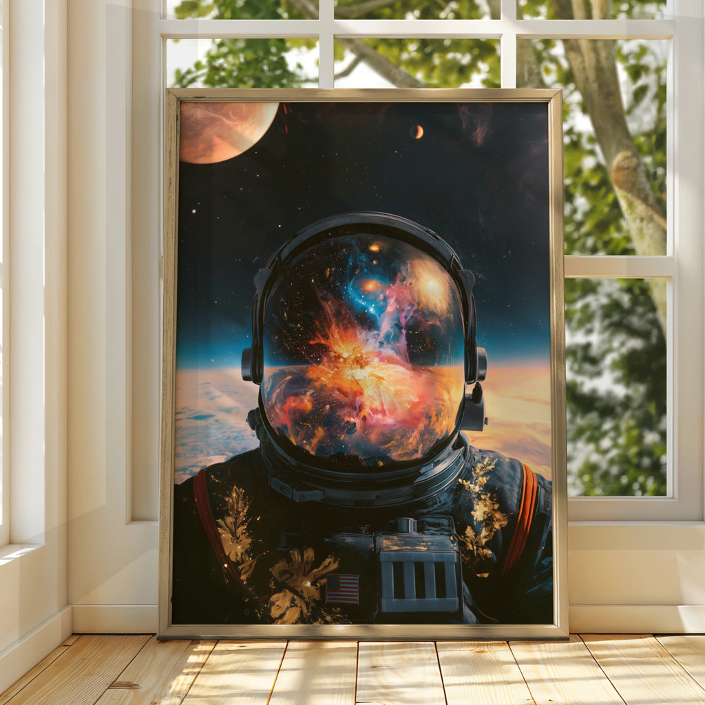 Astronaut Abstract Space Poster, Nebula Galaxy Helmet Reflection, Modern Wall Art