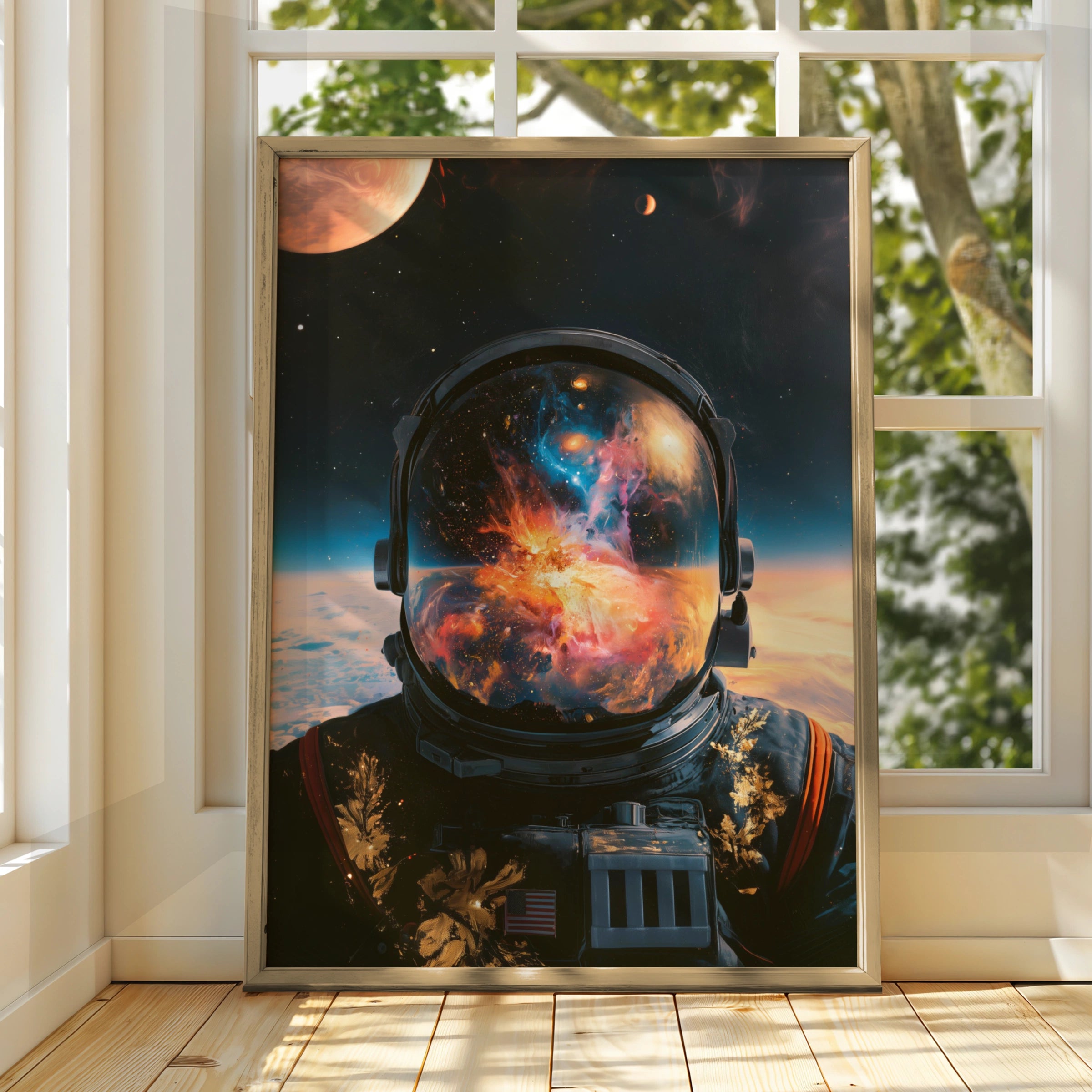 Astronaut Abstract Space Poster, Nebula Galaxy Helmet Reflection, Modern Wall Art