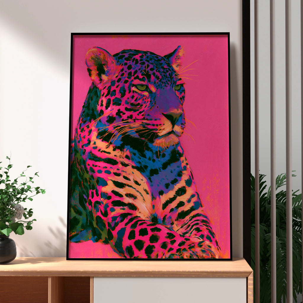 Neon Jaguar Wall Art Poster, Pink Pop Art Big Cat Print, Bold Colourful