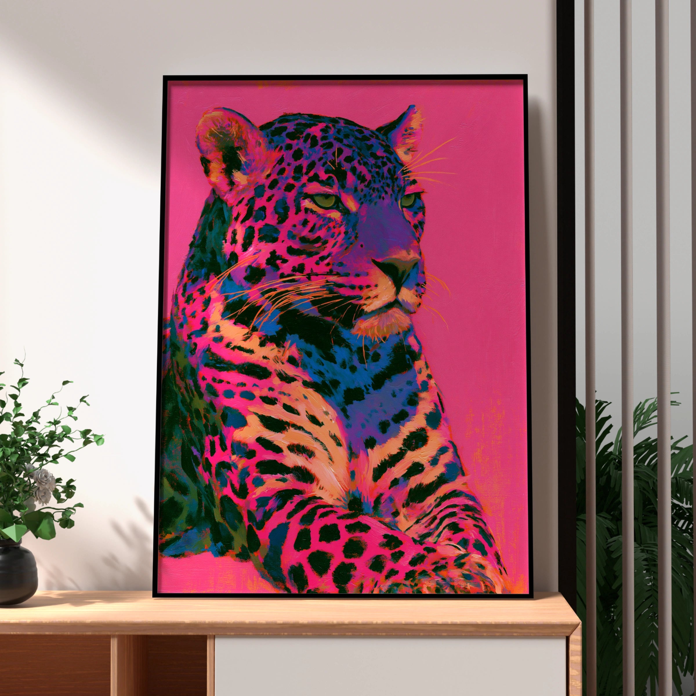 Neon Jaguar Wall Art Poster, Pink Pop Art Big Cat Print, Bold Colourful