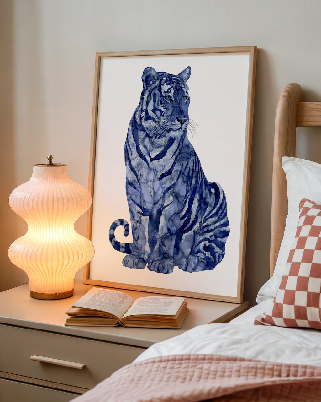 Blue Tiger Abstract Poster, Indigo Watercolour Big Cat Wall Art Print