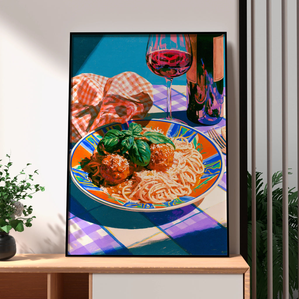 Pasta Meatballs Italian Food Poster, Spaghetti Wall Art, Colourful Kitchen Print