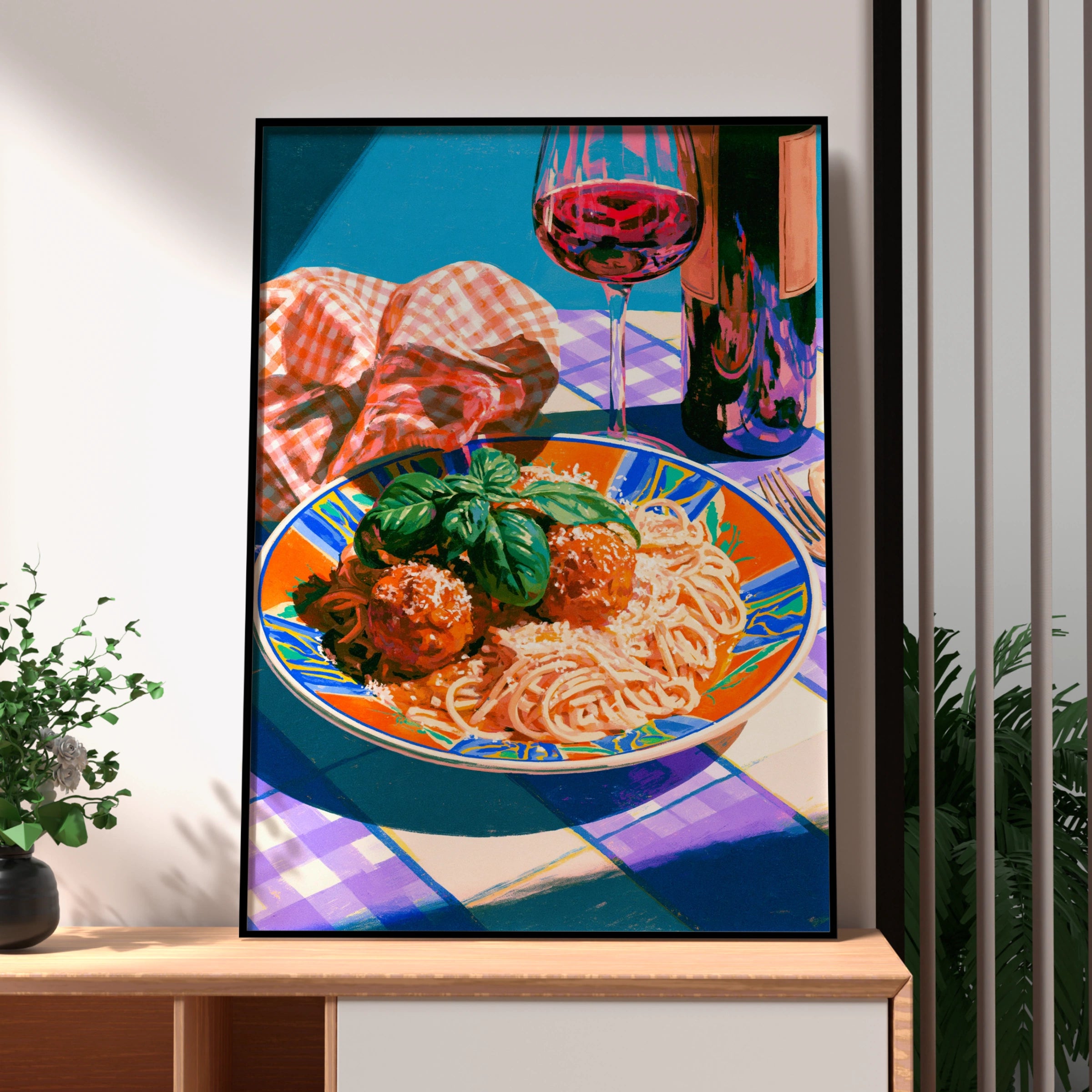 Pasta Meatballs Italian Food Poster, Spaghetti Wall Art, Colourful Kitchen Print