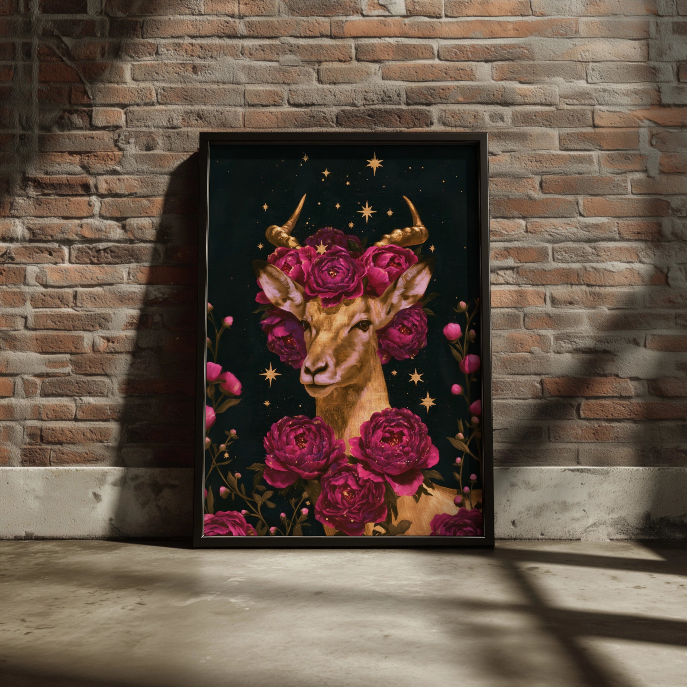 Antelope Flowers Stars Poster, Dark Floral Animal Wall Art, Celestial Print