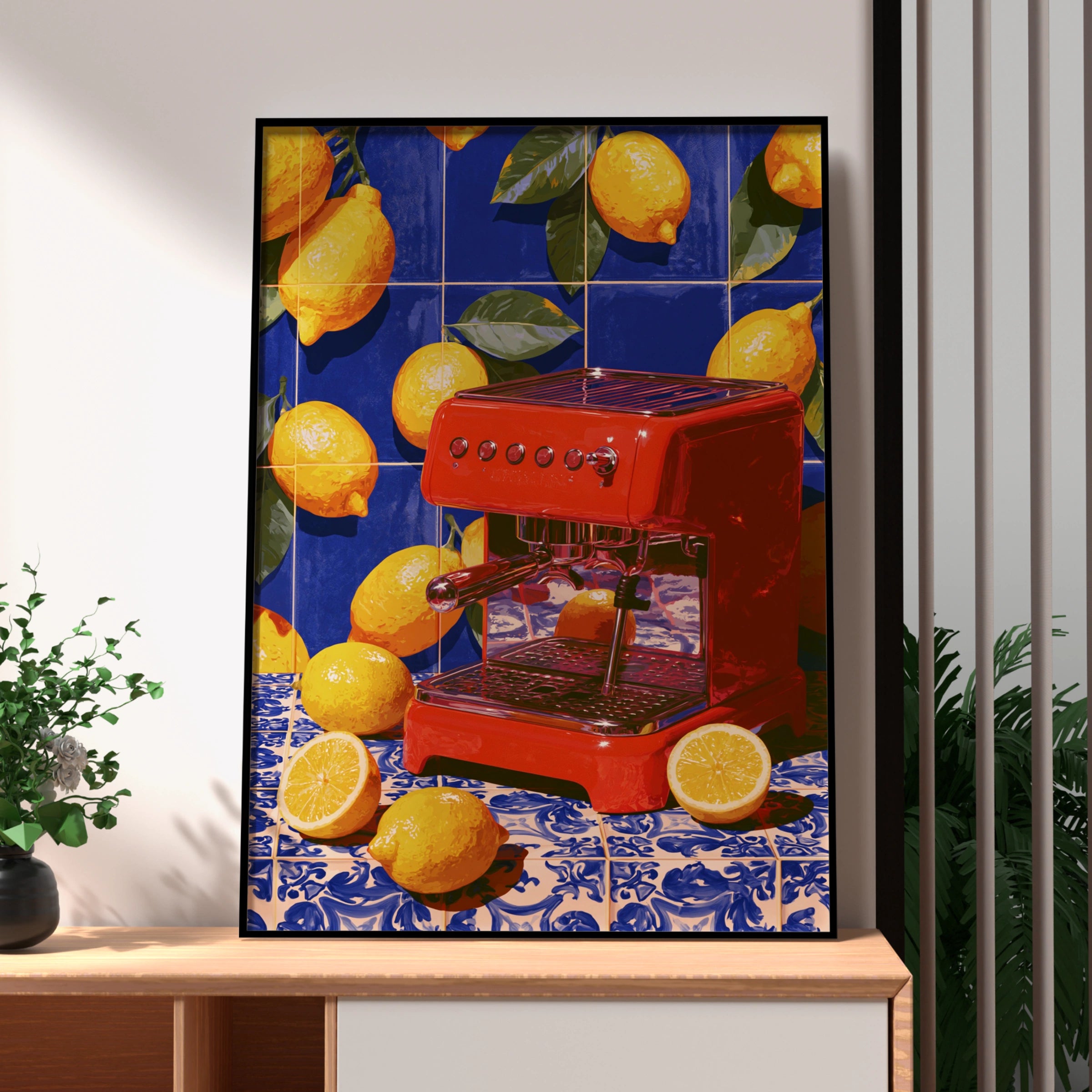 Red Espresso Machine Lemon Tiles Wall Art Poster, Mediterranean Kitchen Print