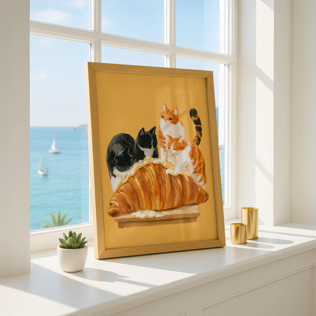 Cats on a Croissant Poster, Funny Cat Wall Art, Warm Yellow Kitchen Print