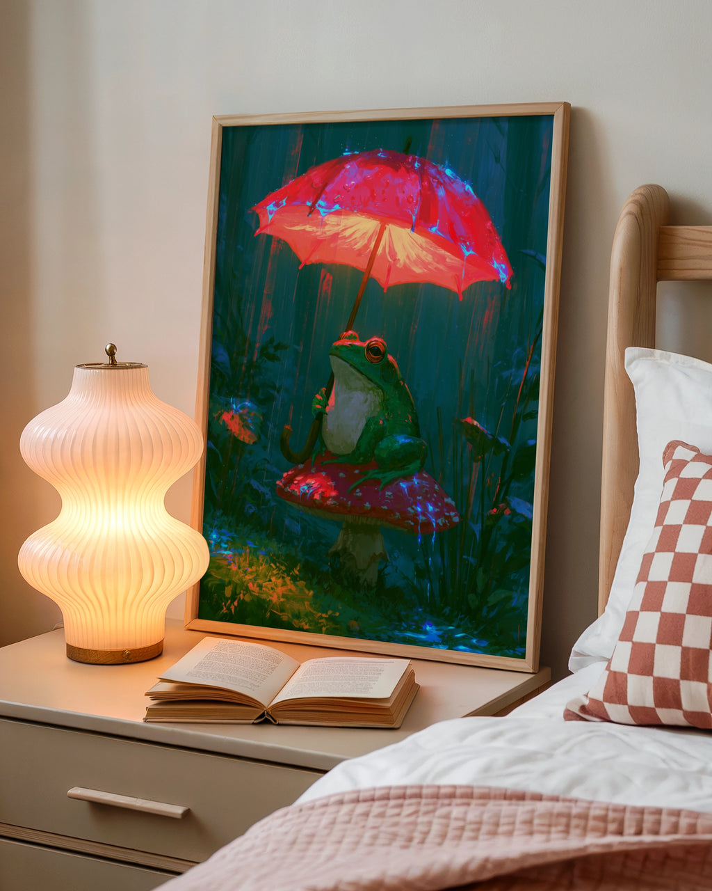 Frog on Mushroom with Umbrella Wall Art Poster, Whimsical Forest Print