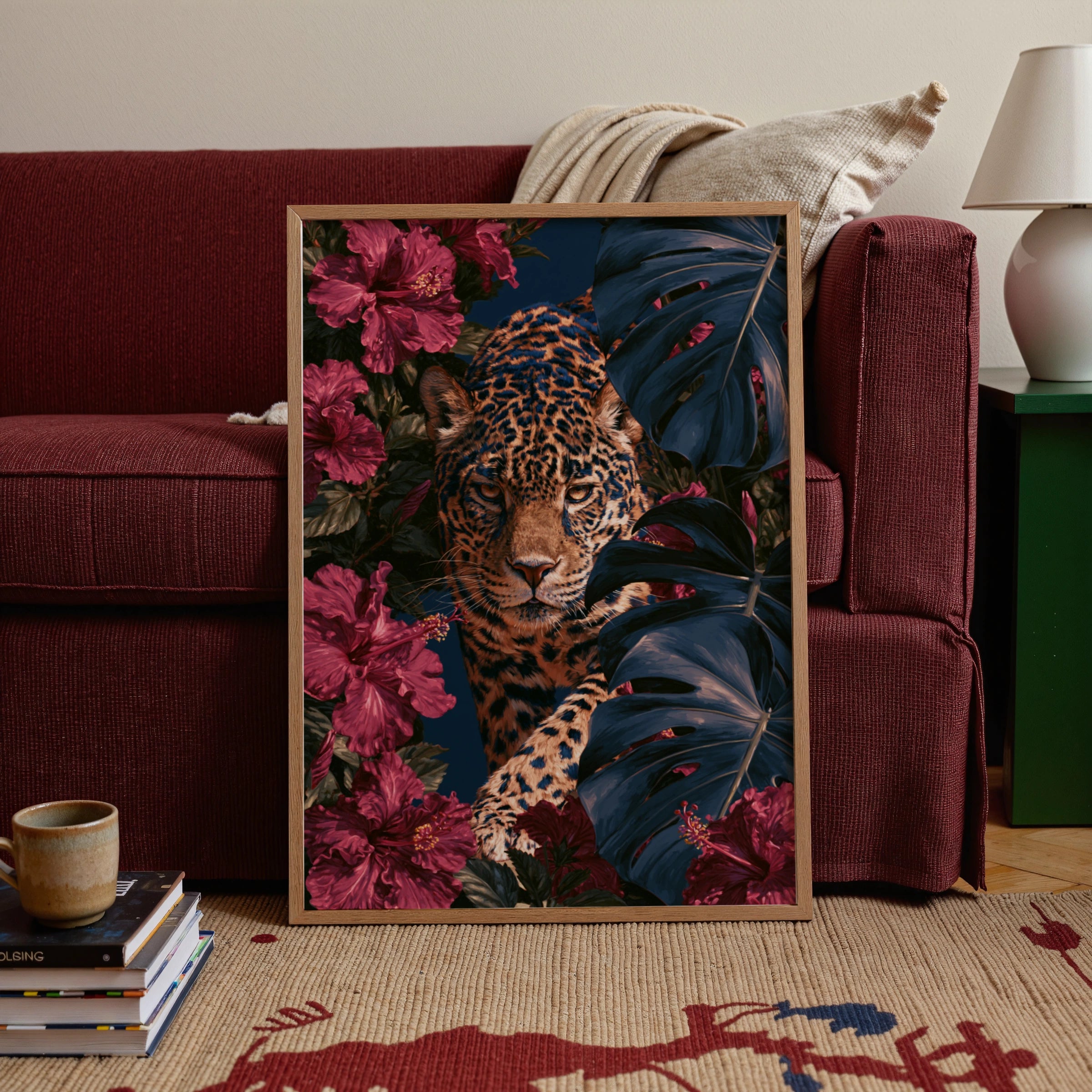 Jaguar Hibiscus Monstera Poster, Tropical Wildlife Wall Art Print