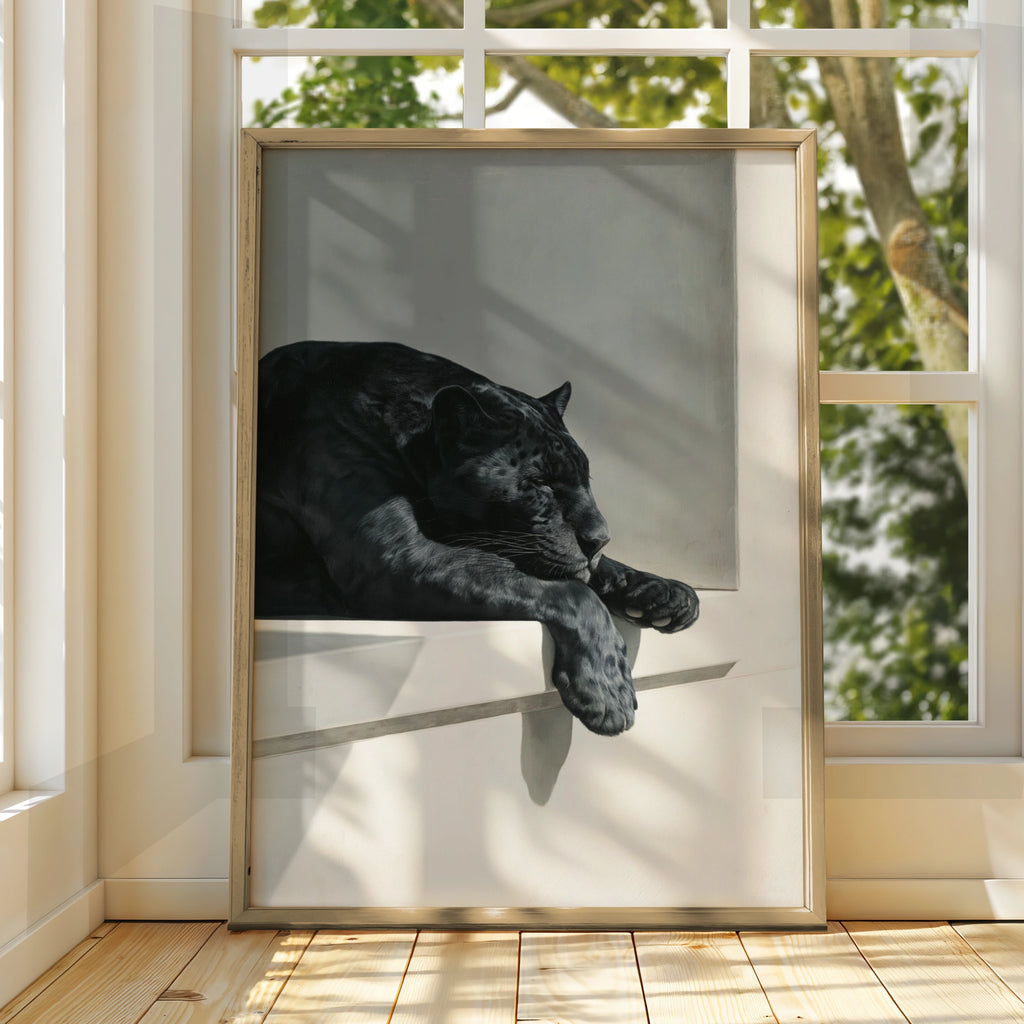 Sleeping Black Panther Poster, Monochrome Wildlife Wall Art, Minimalist Print