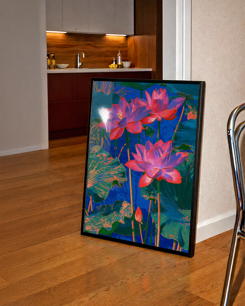 Pink Lotus Flower Water Poster, Bold Botanical Art Print, Vibrant Floral Wall Art