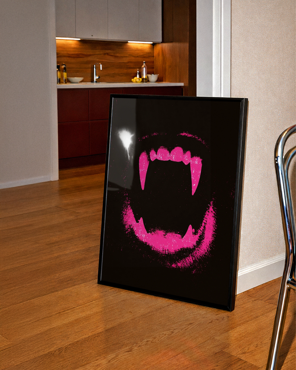 Dog Fangs Pink Wall Art Poster, Bold Dark Grunge Animal Print
