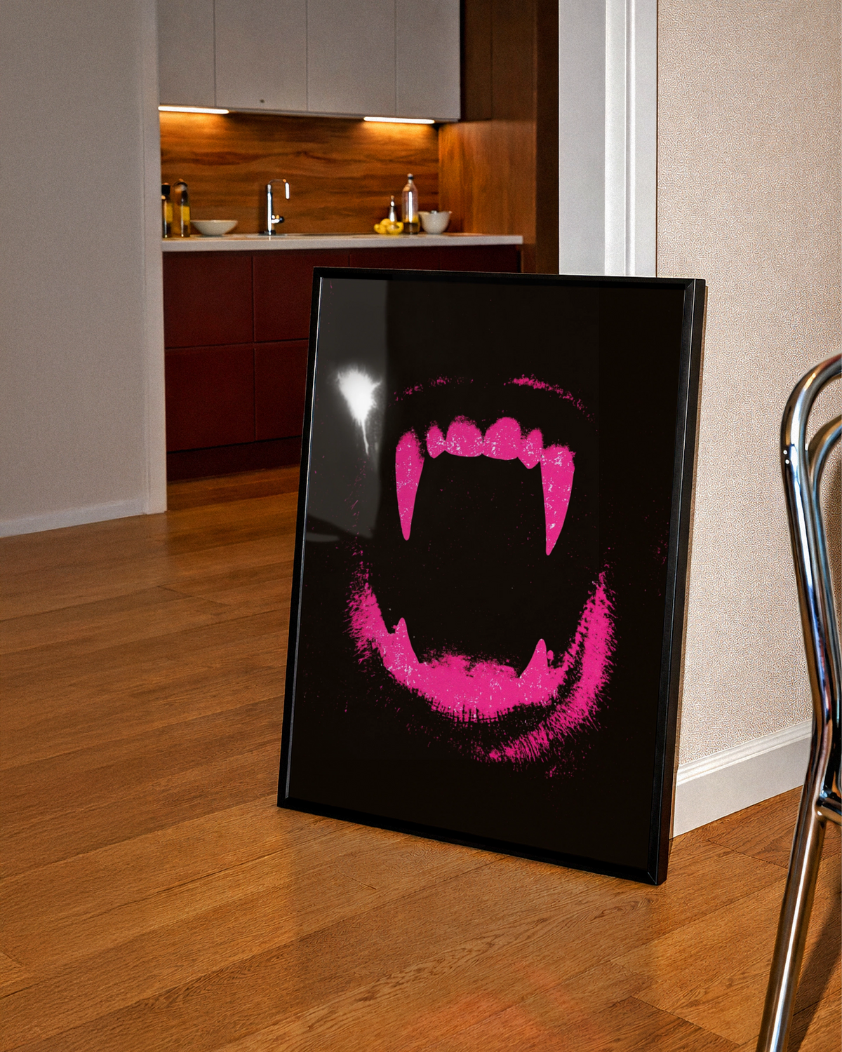Dog Fangs Pink Wall Art Poster, Bold Dark Grunge Animal Print