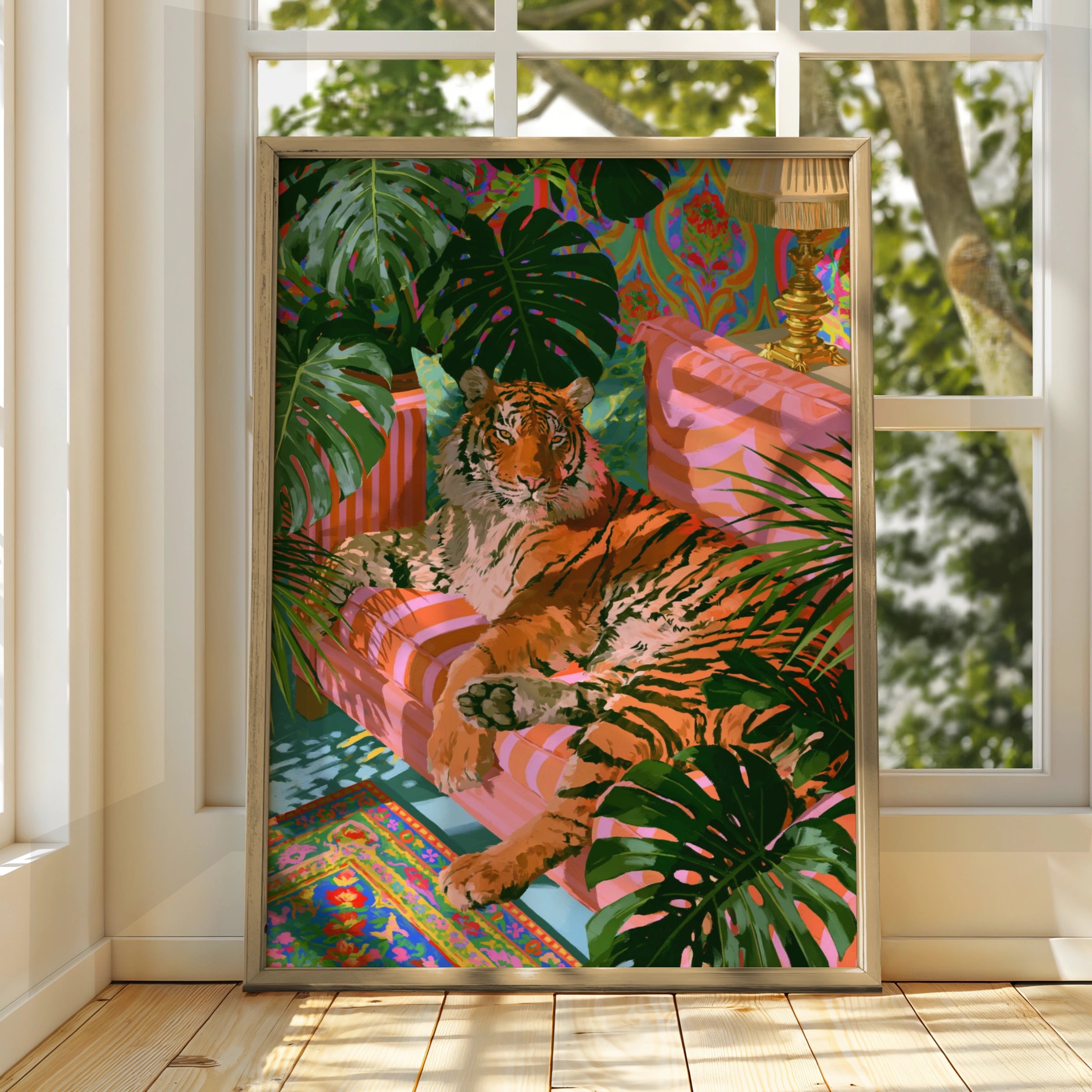 Tiger on Sofa Tropical Plants Poster, Colourful Maximalist Wall Art Print