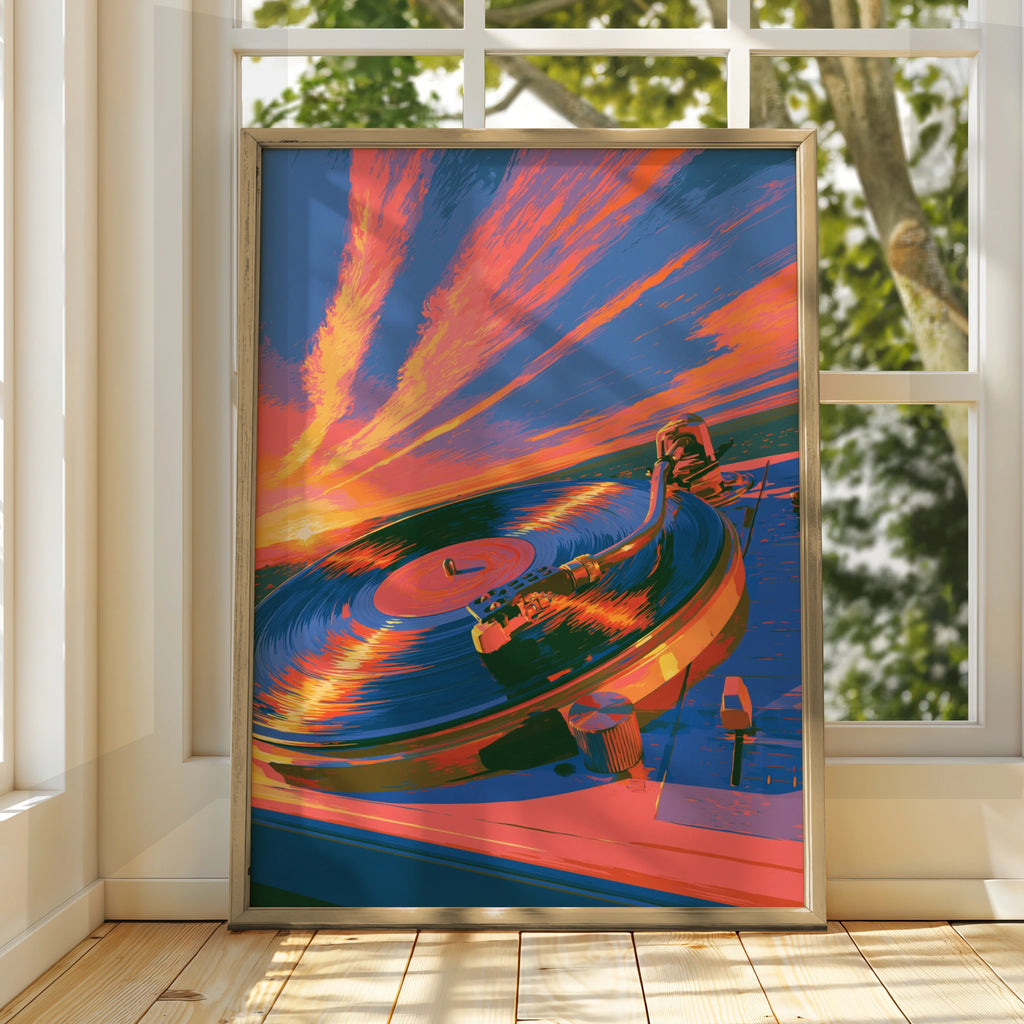 Record Player Sunset Poster, Vinyl Turntable Wall Art, Retro Music Print