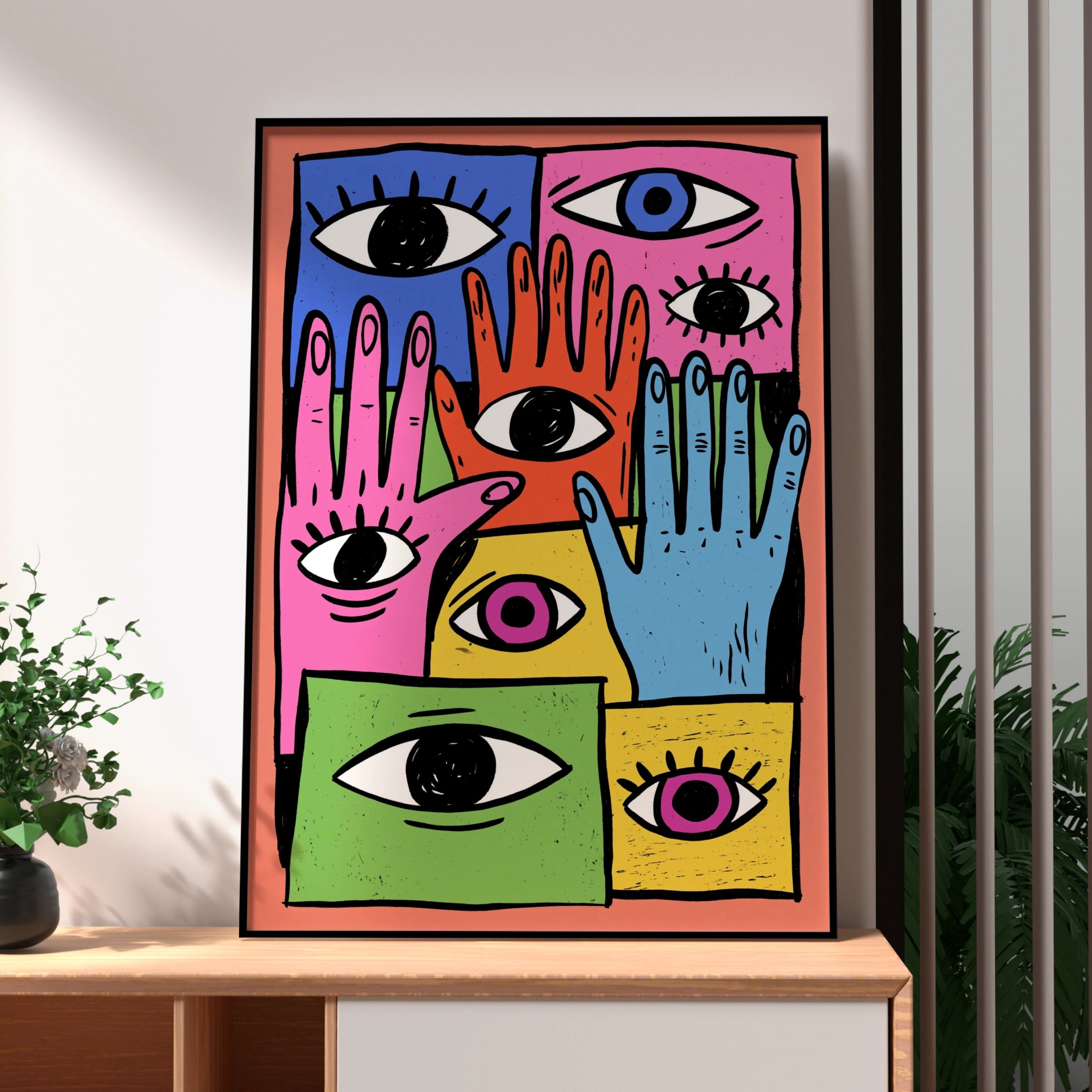 Hands and Eyes Wall Art Poster, Bold Colourful Maximalist Print