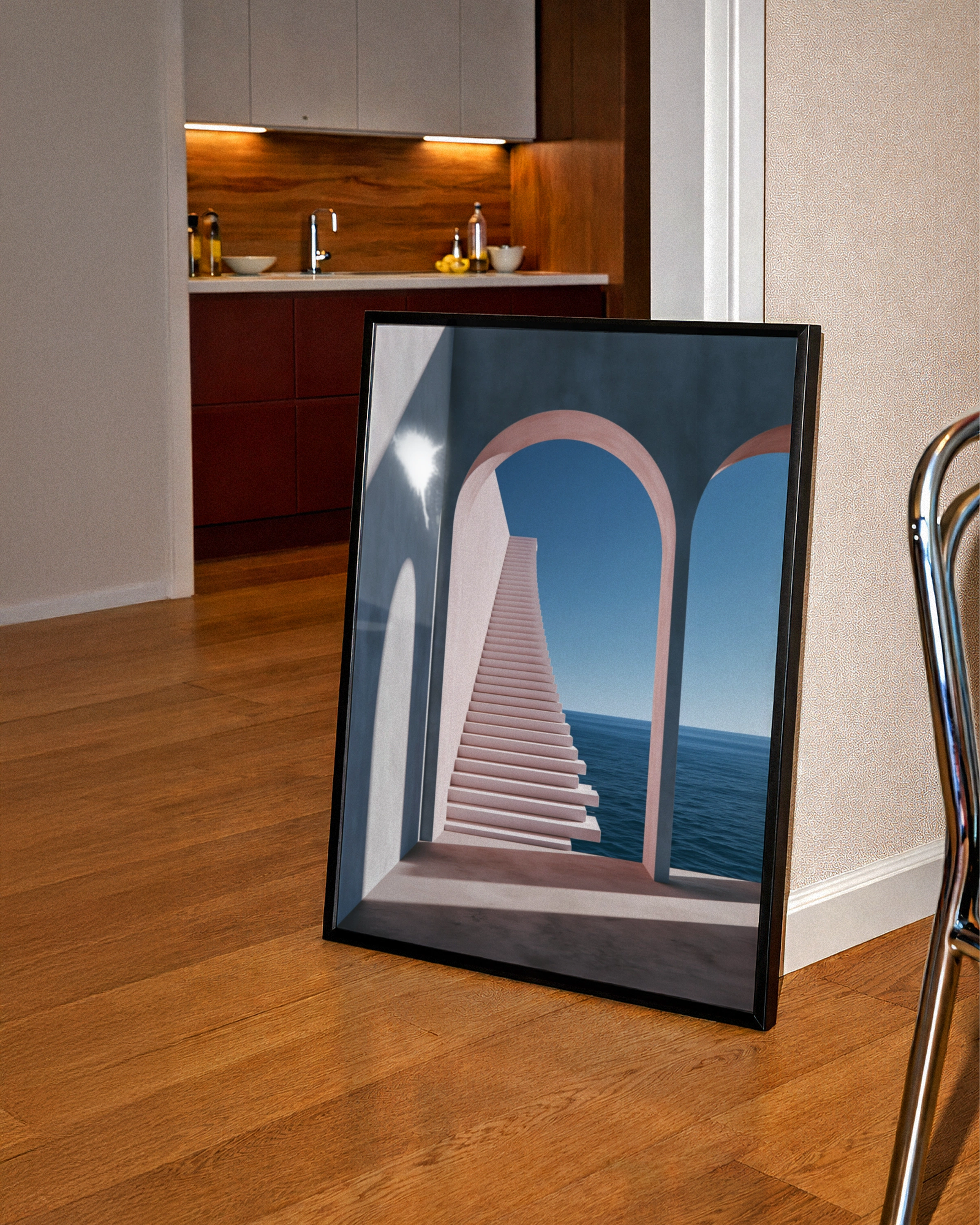 Arches Staircase Ocean View Poster, Minimalist Architecture Print, Pink Blue Wall Art