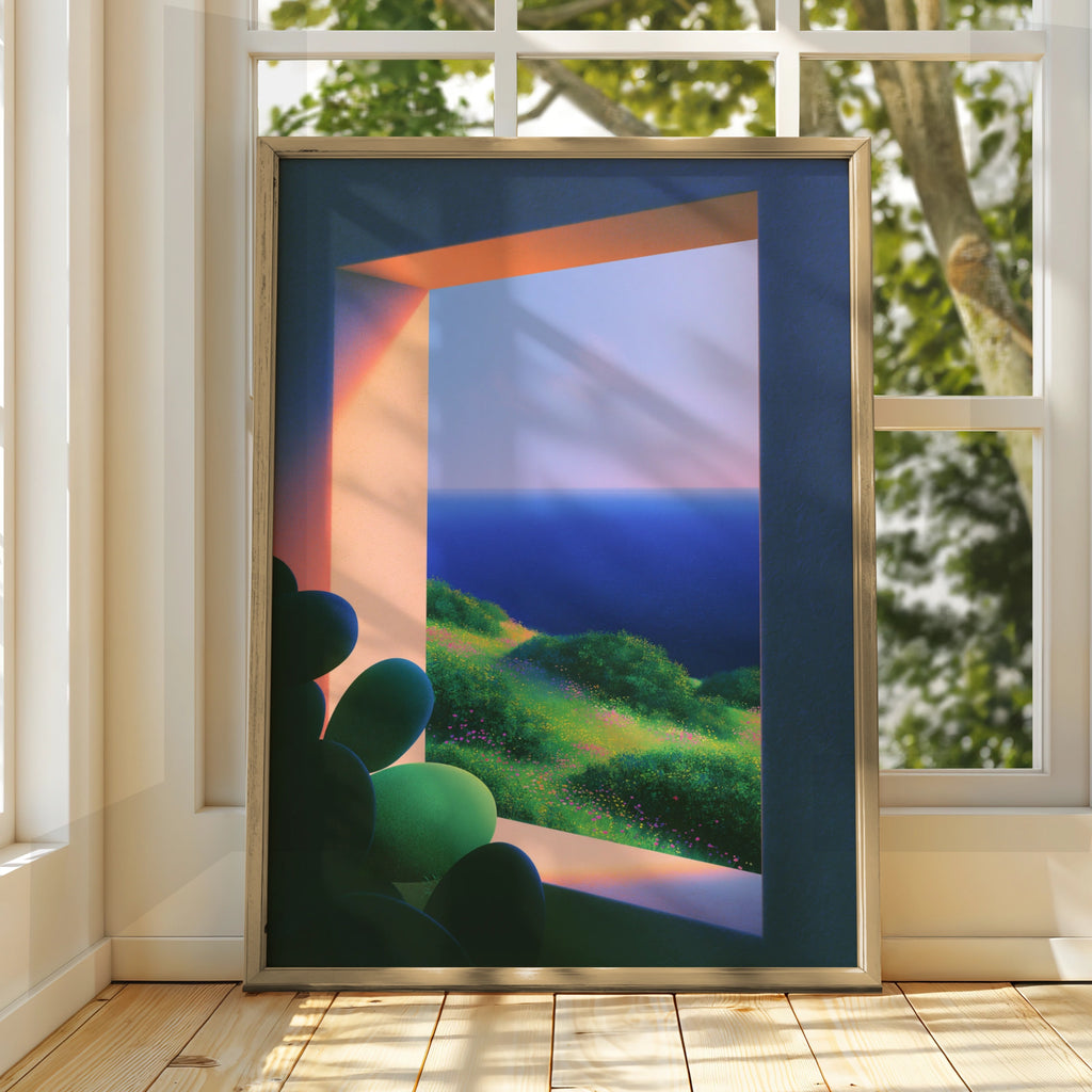 Cactus Window Ocean View Poster, Botanical Coastal Wall Art, Minimalist Print