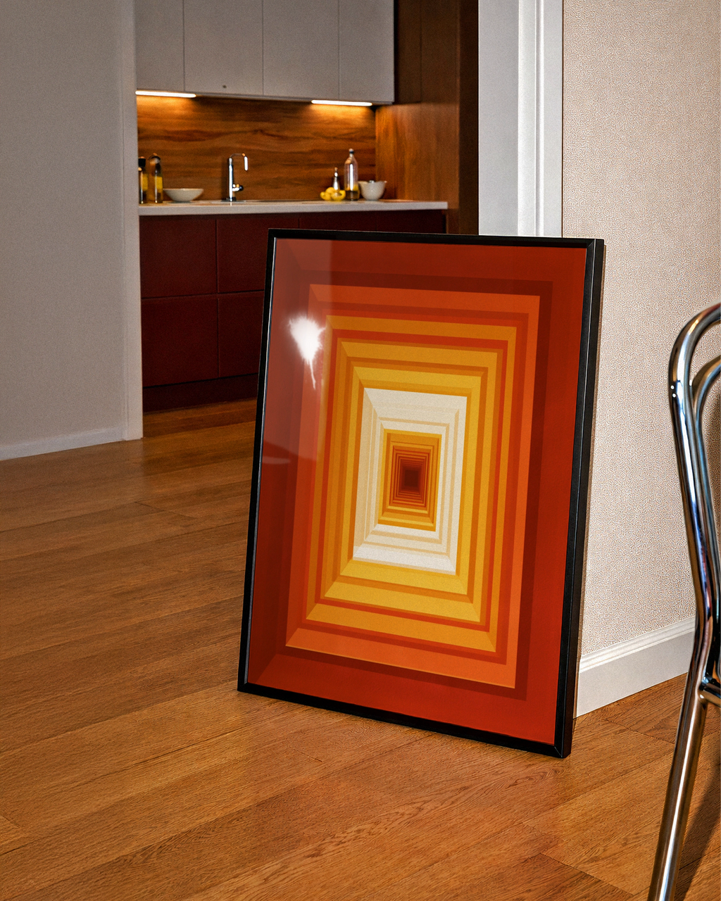 Red Orange Concentric Rectangles Wall Art Poster, Geometric Op Art Print