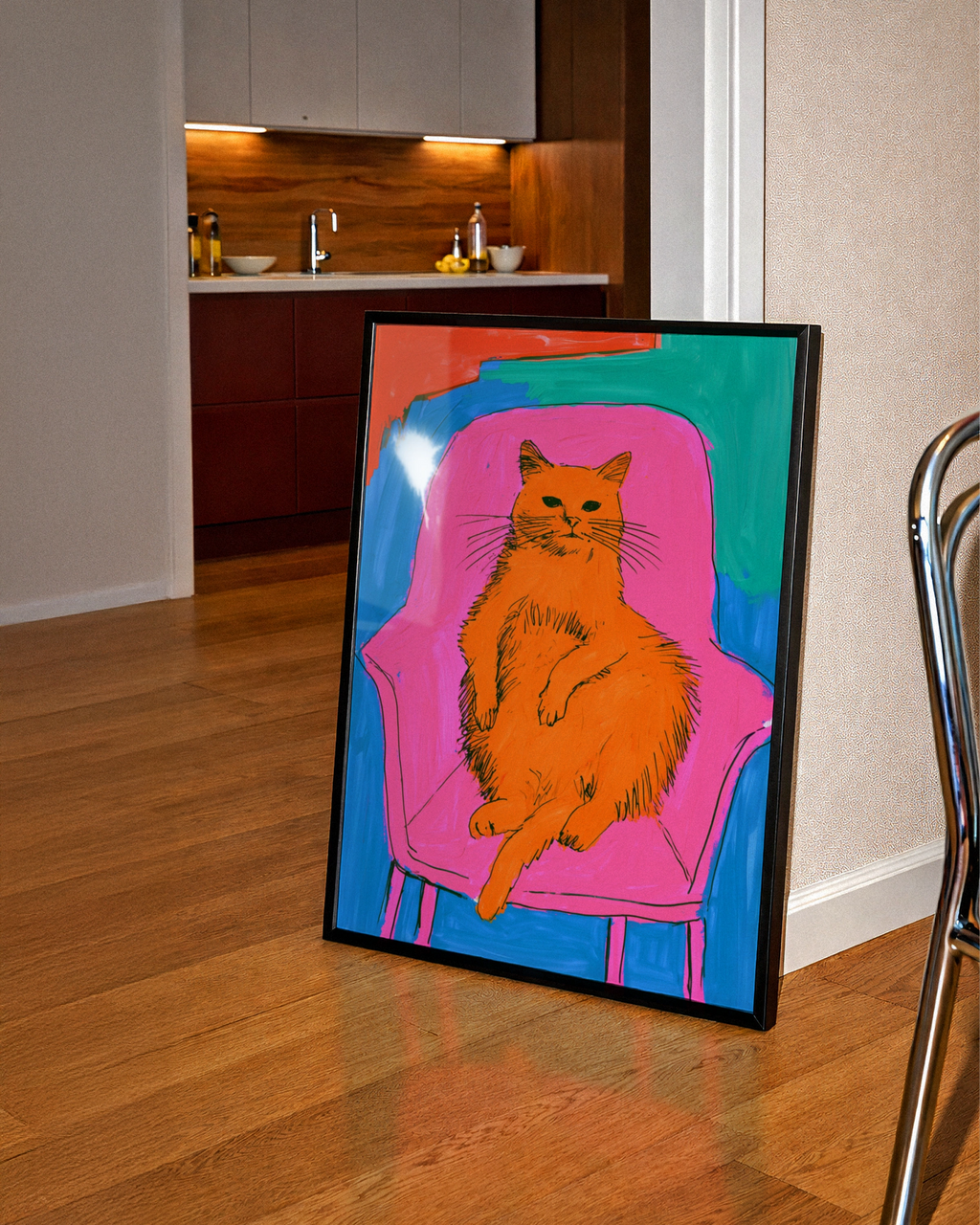 Fat Bored Cat on Armchair Poster, Bold Colourful Pop Art Print