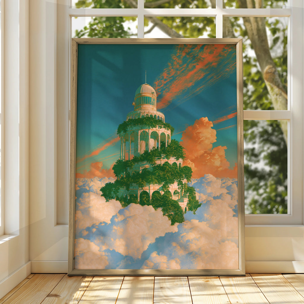 Sky Tower Fantasy Art Poster, Dreamy Cloud Architecture, Surreal Teal Orange Print