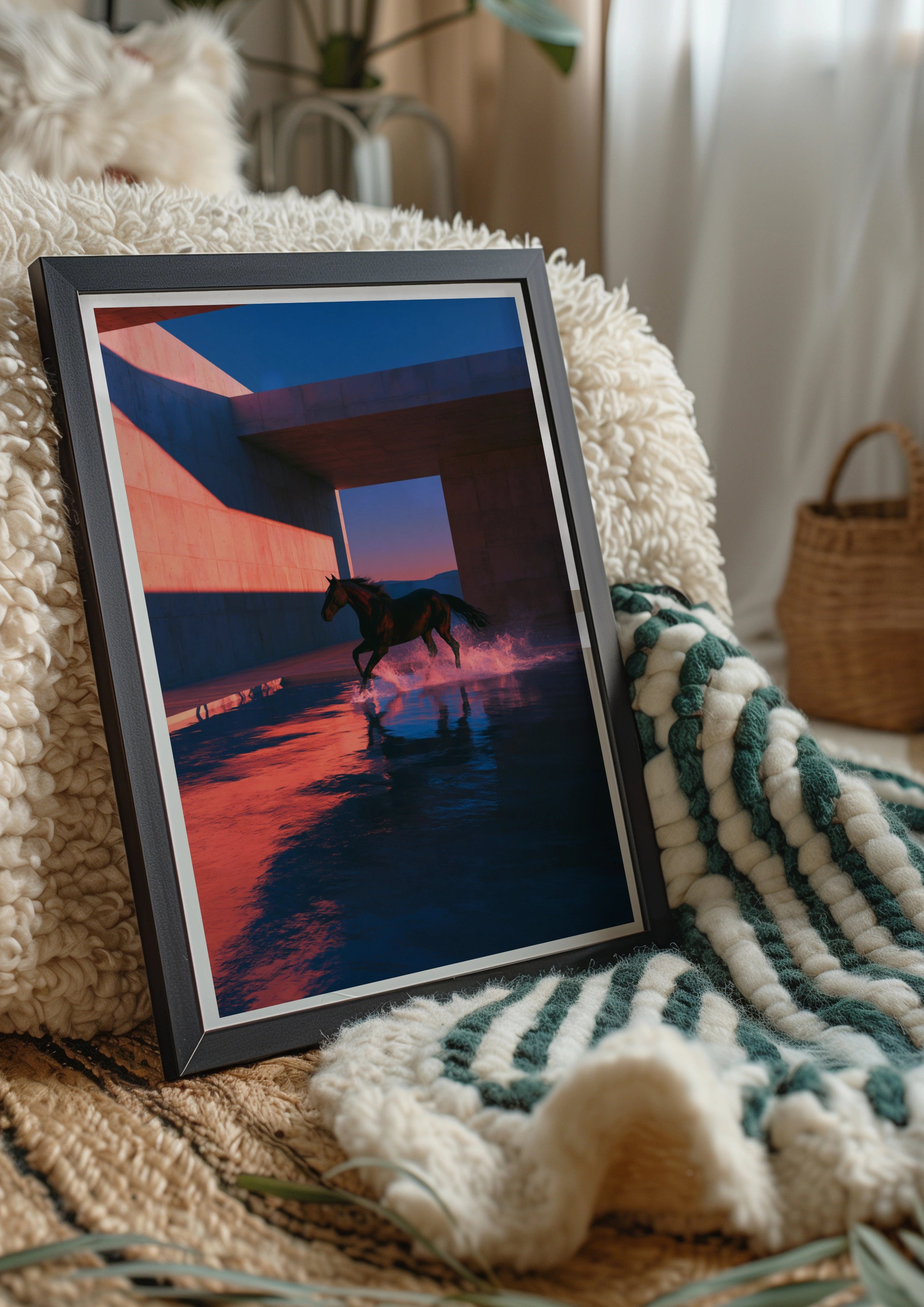 Horse Splashing Water Sunset Poster, Running Horse Wall Art, Moody Dramatic Print