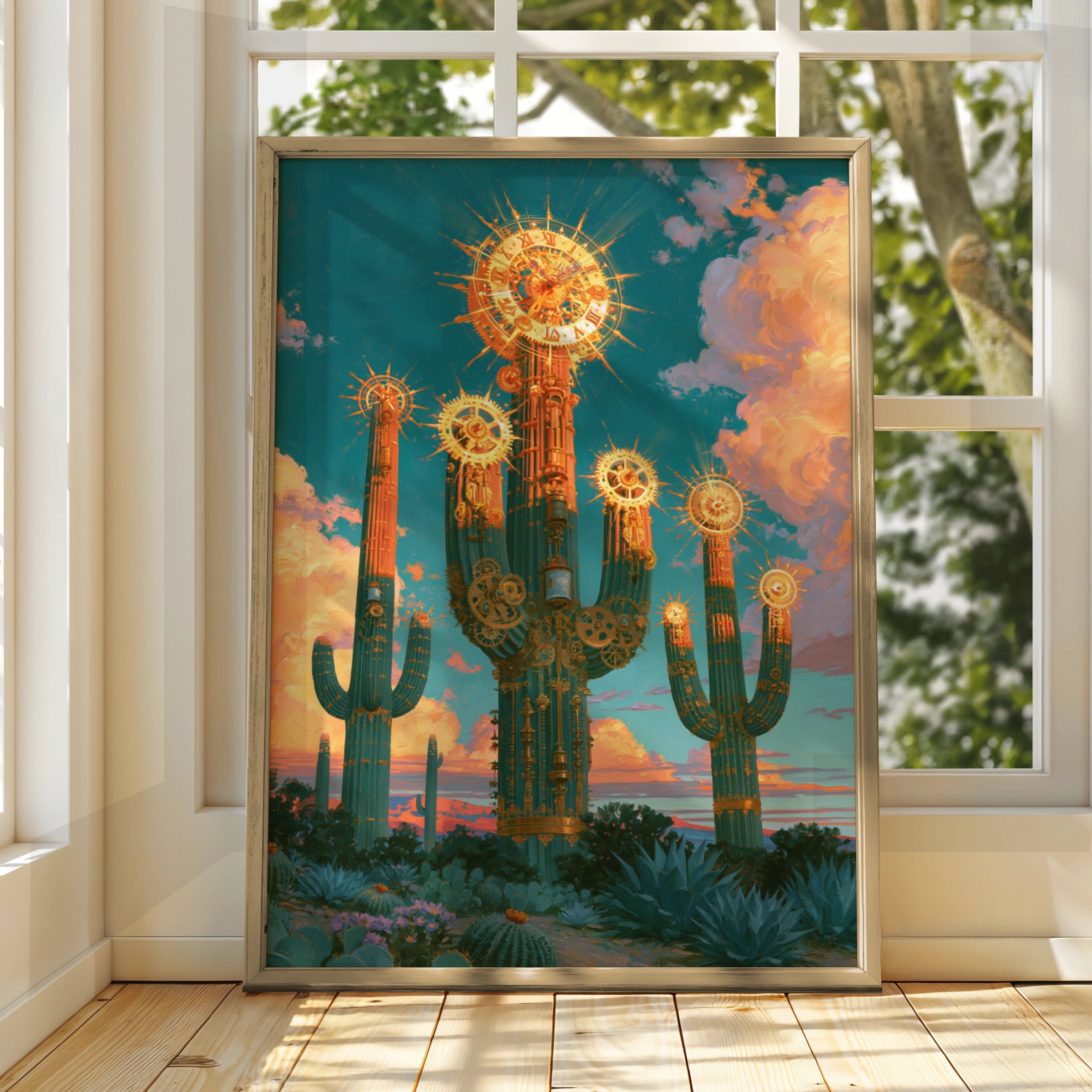 Steampunk Cactus Sun Clock Poster, Desert Fantasy Wall Art, Teal Gold Print