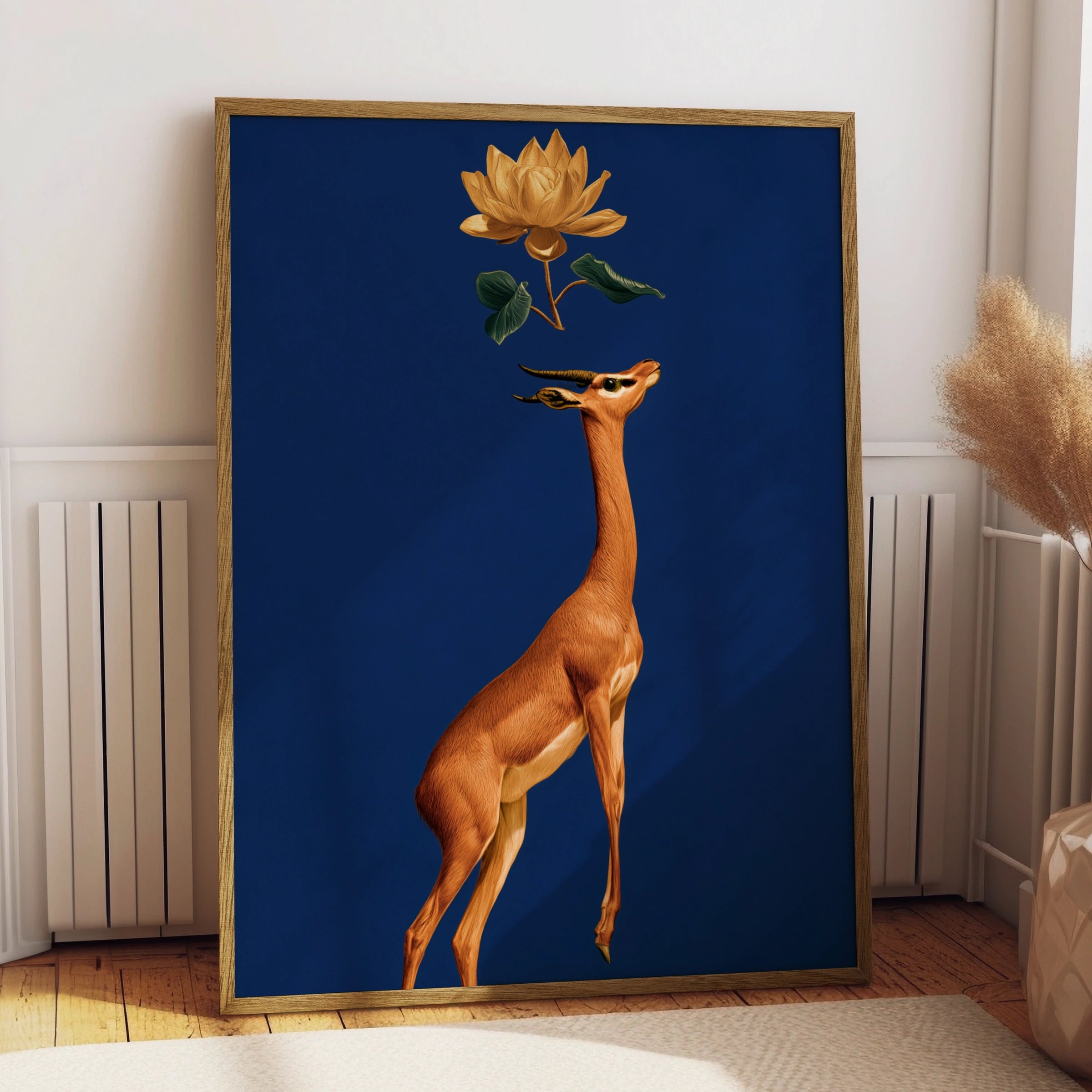 Gerenuk Antelope Lotus Flower Poster, Navy Blue Gold Wildlife Art Print