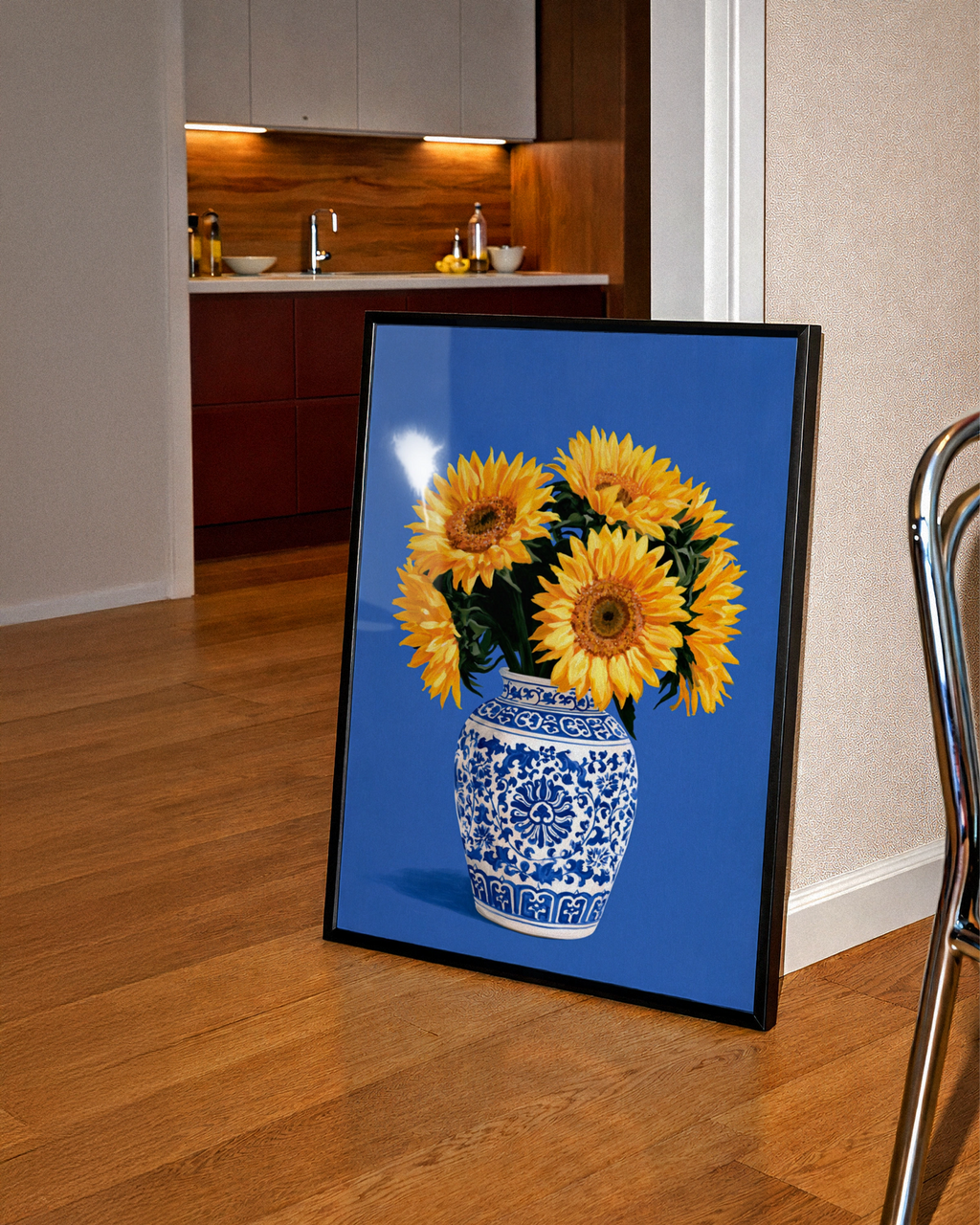 Sunflowers in Porcelain Vase Poster, Blue White Chinoiserie Floral Wall Art