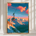 Cable Car Mountain Sunset Poster, Pink Clouds Alpine Art Print, Ski Resort Wall Art