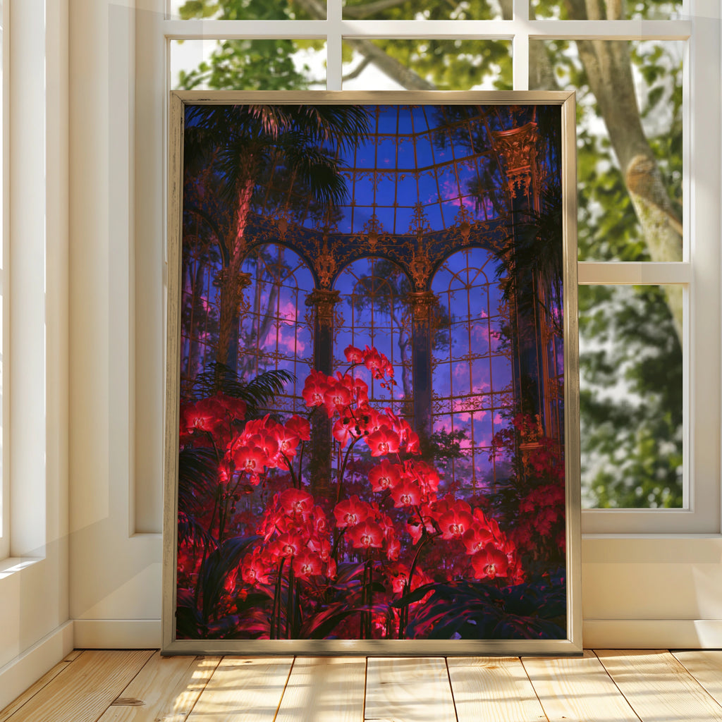 Red Orchids Glasshouse Poster, Victorian Greenhouse Art Print, Botanical Wall Art