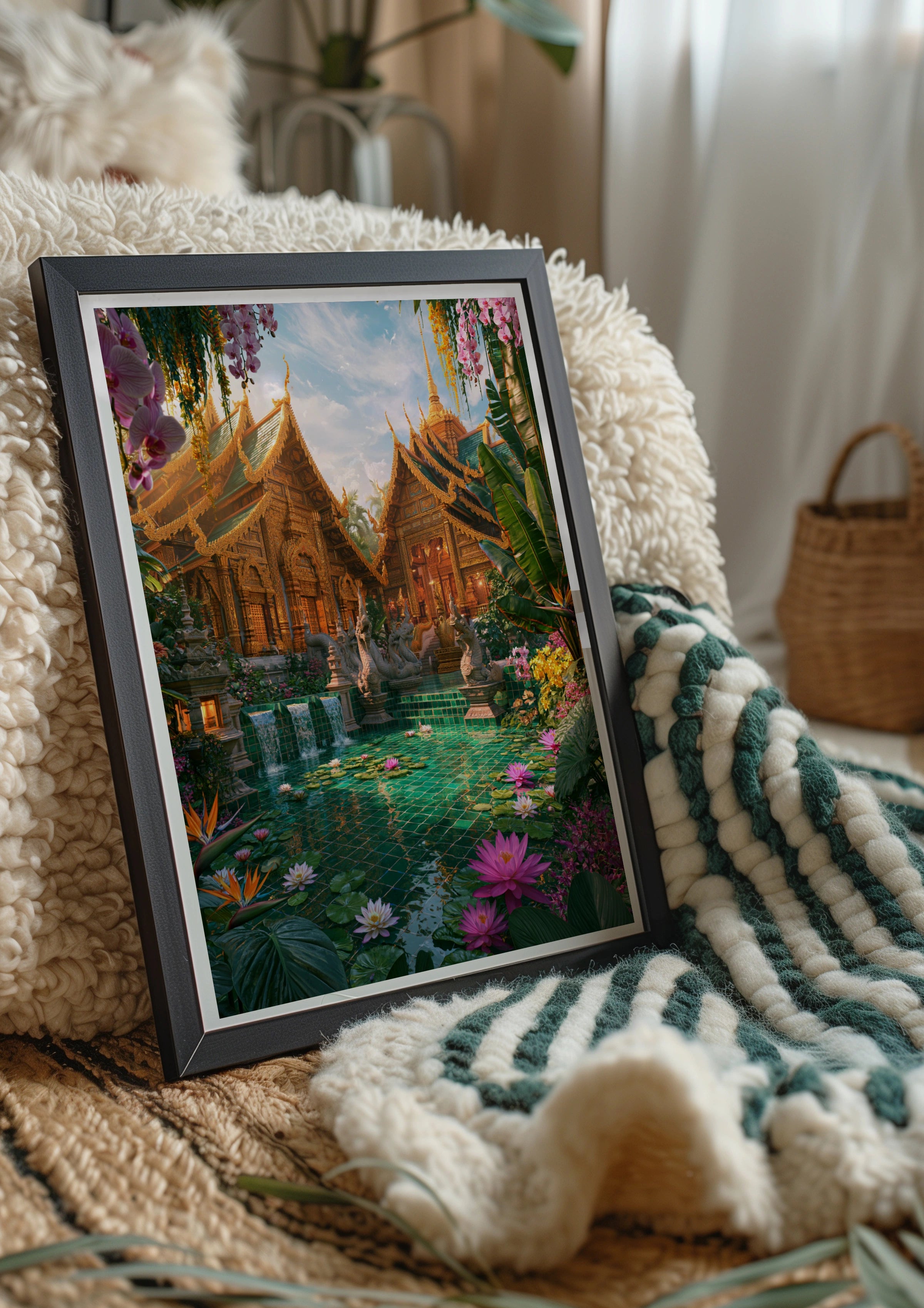 Thai Royal Temple Courtyard Poster, Lotus Garden, Tropical Wall Art Print