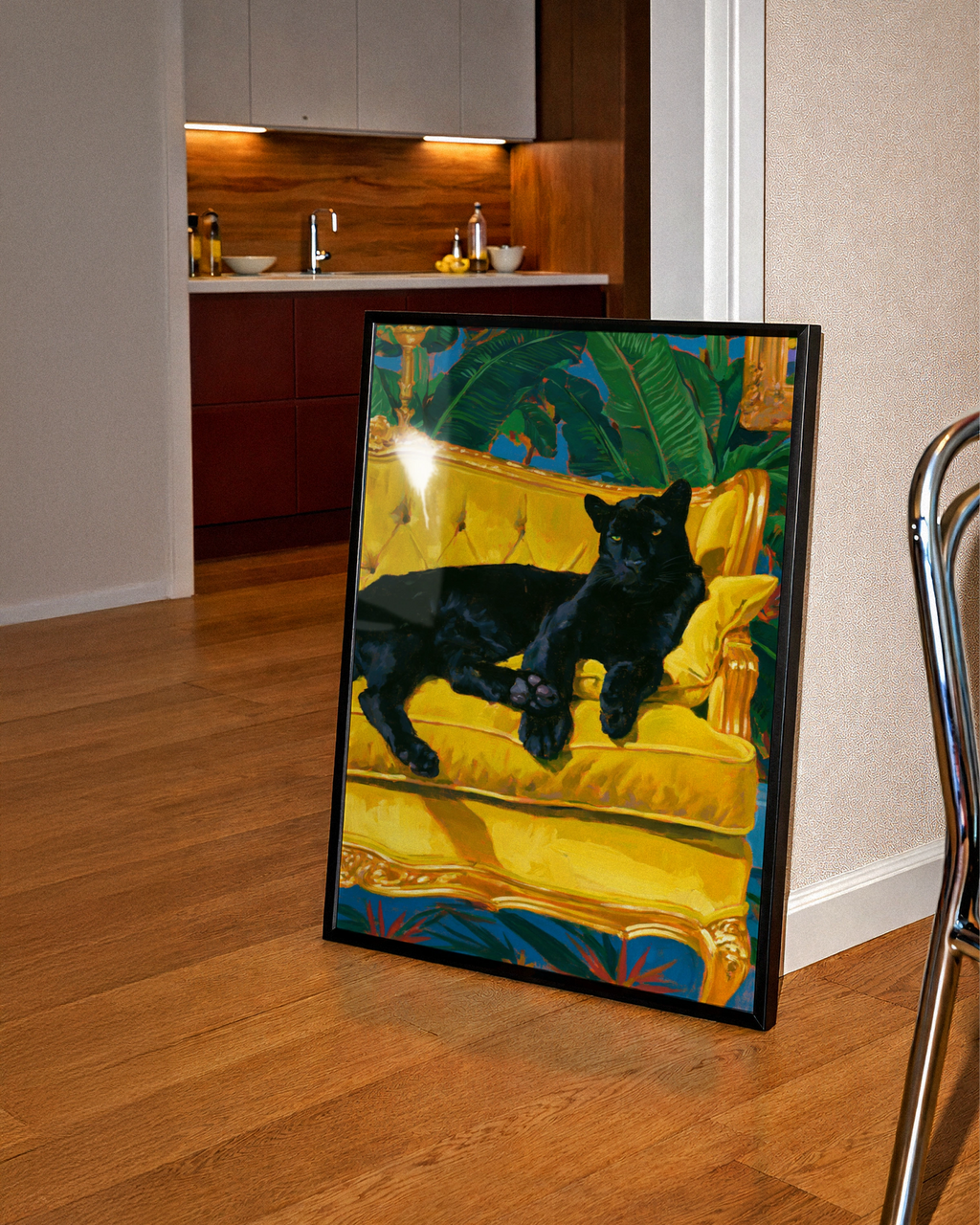 Black Panther on Yellow Sofa Wall Art Poster, Tropical Maximalist Print