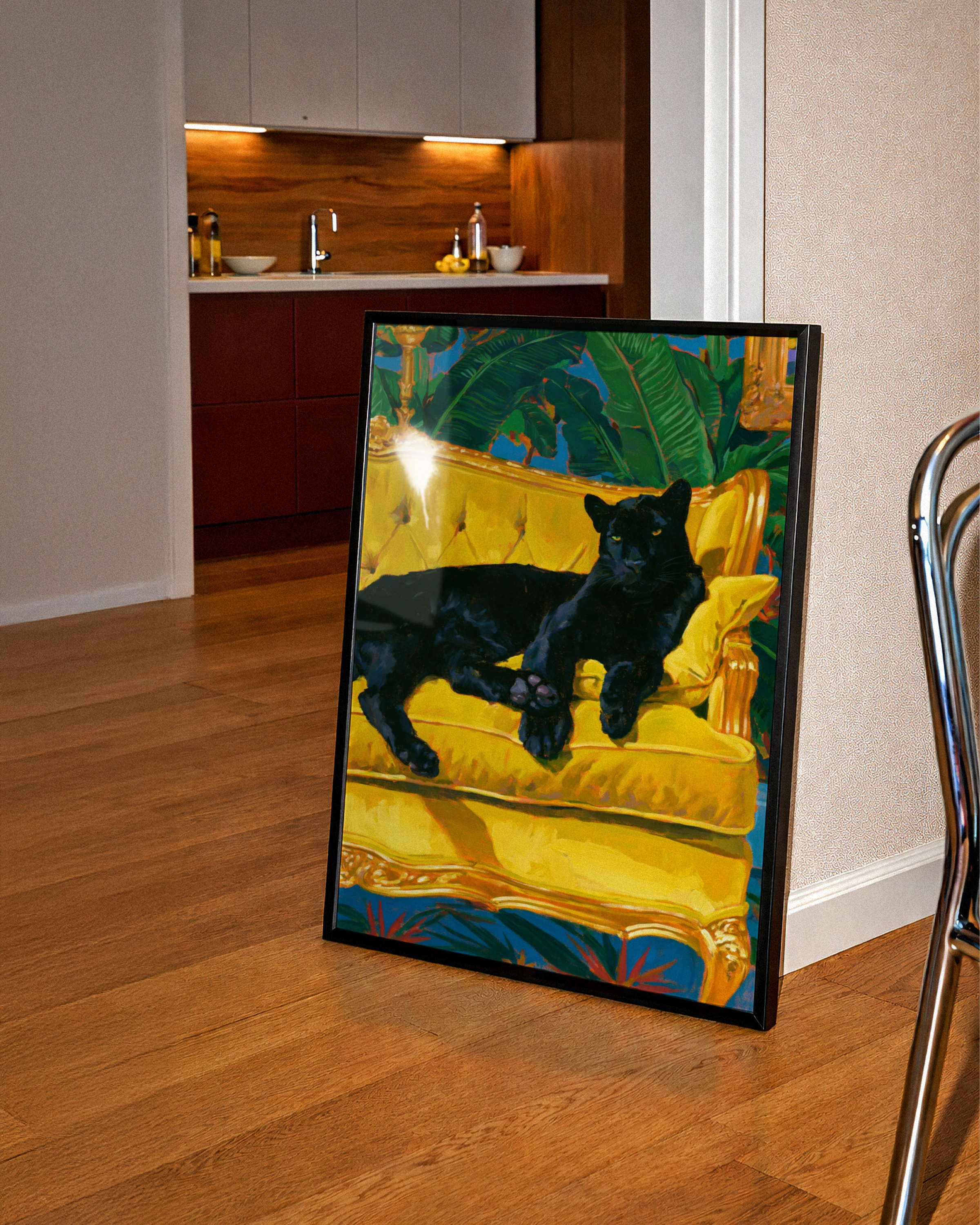 Black Panther on Yellow Sofa Wall Art Poster, Tropical Maximalist Print