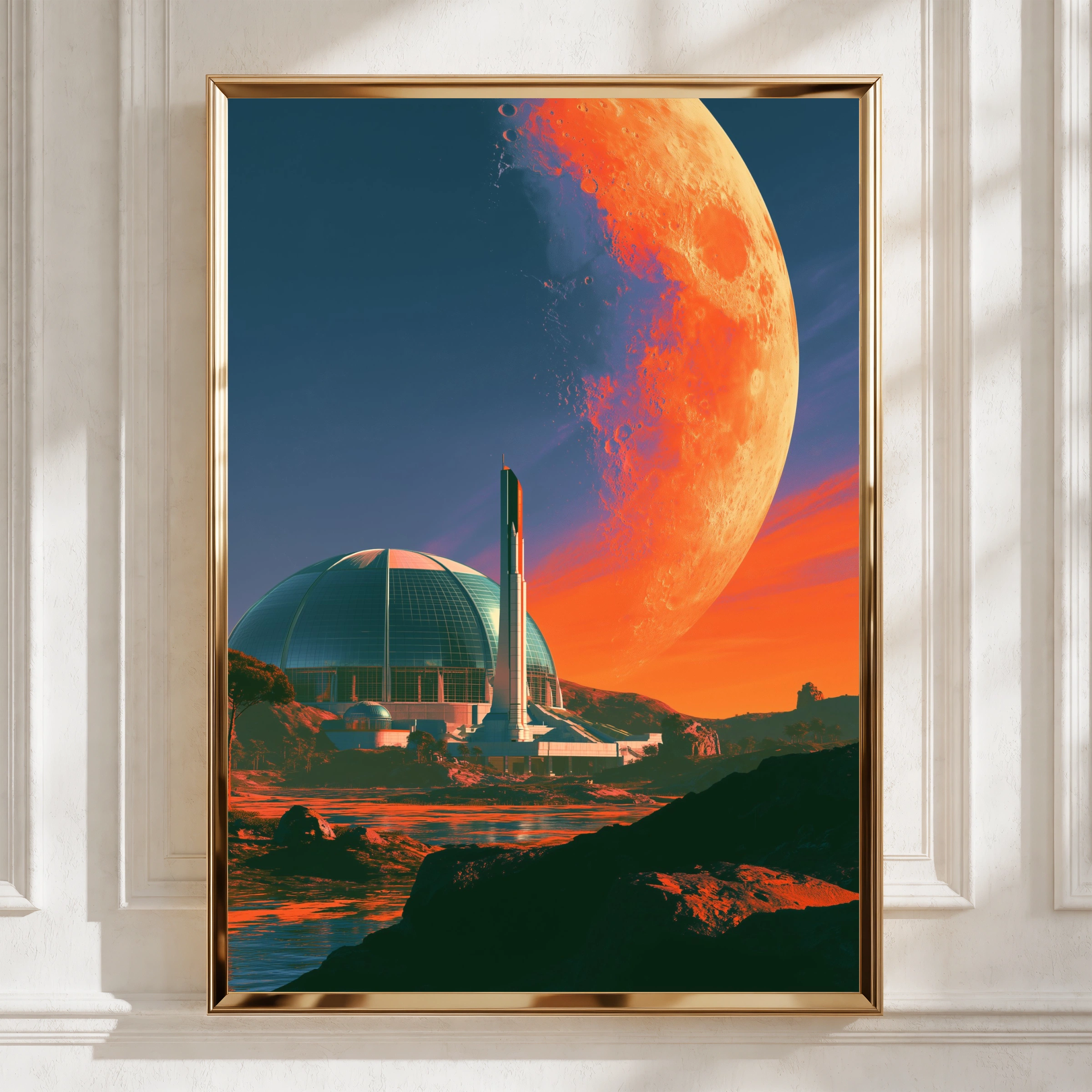Space City Futuristic Colony Wall Art Poster, Sci-Fi Moon Print