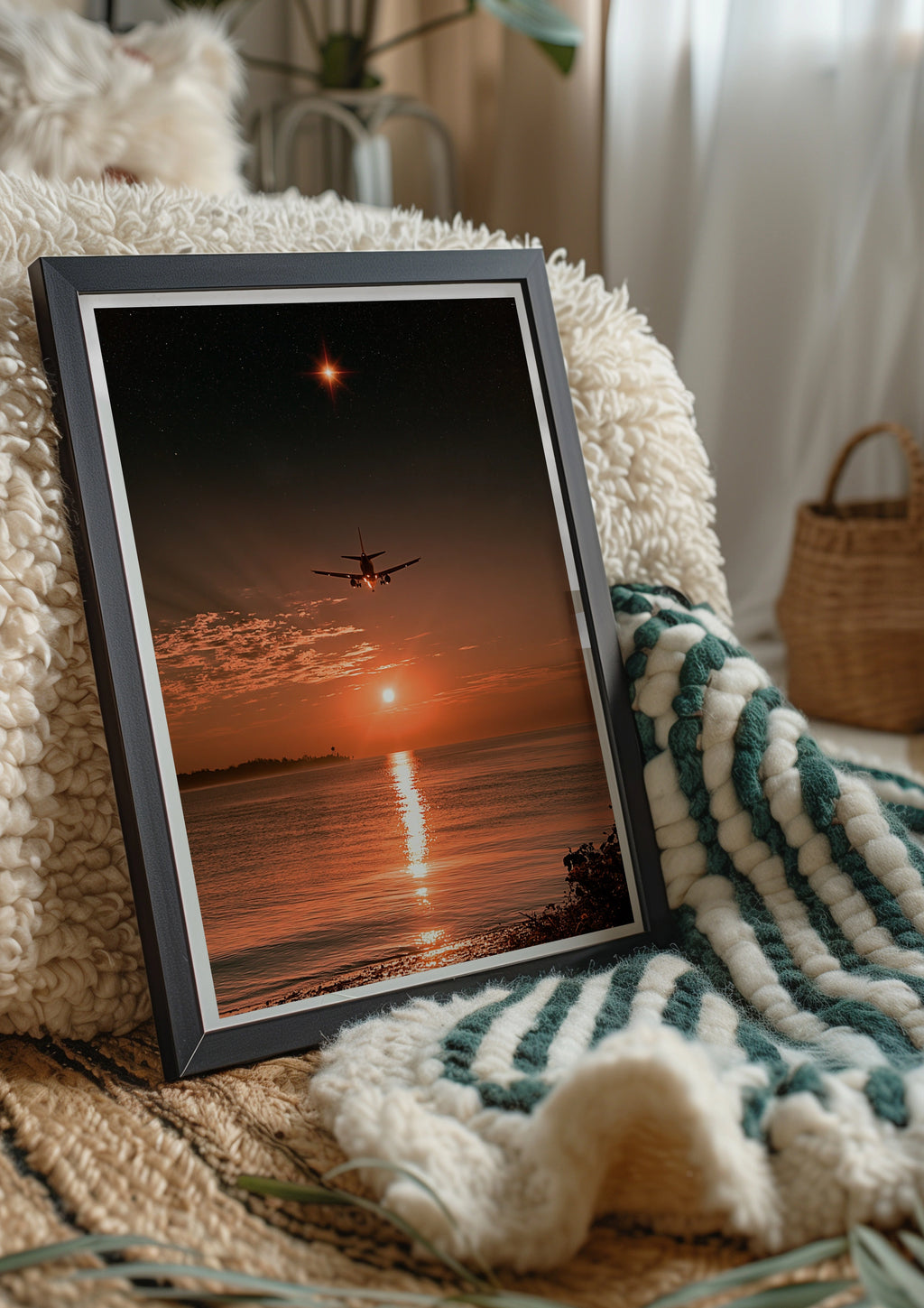 Plane Silhouette Sunset Beach Poster, Starry Sky Ocean Wall Art Print