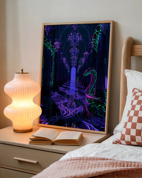 Neon Snake Gothic Hall Poster, Dark Fantasy Art Print, Purple Teal