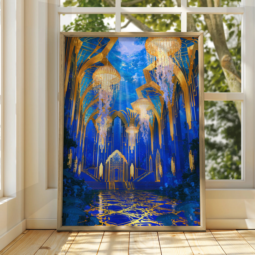 Underwater City Hall Jellyfish Poster, Art Deco Fantasy Blue Gold Print