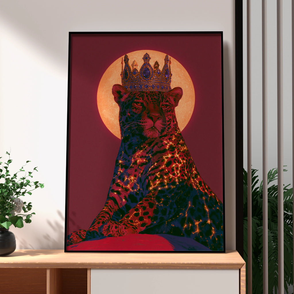 Crowned Jaguar Wall Art Poster, Crimson Moon Big Cat Print, Bold Animal Art