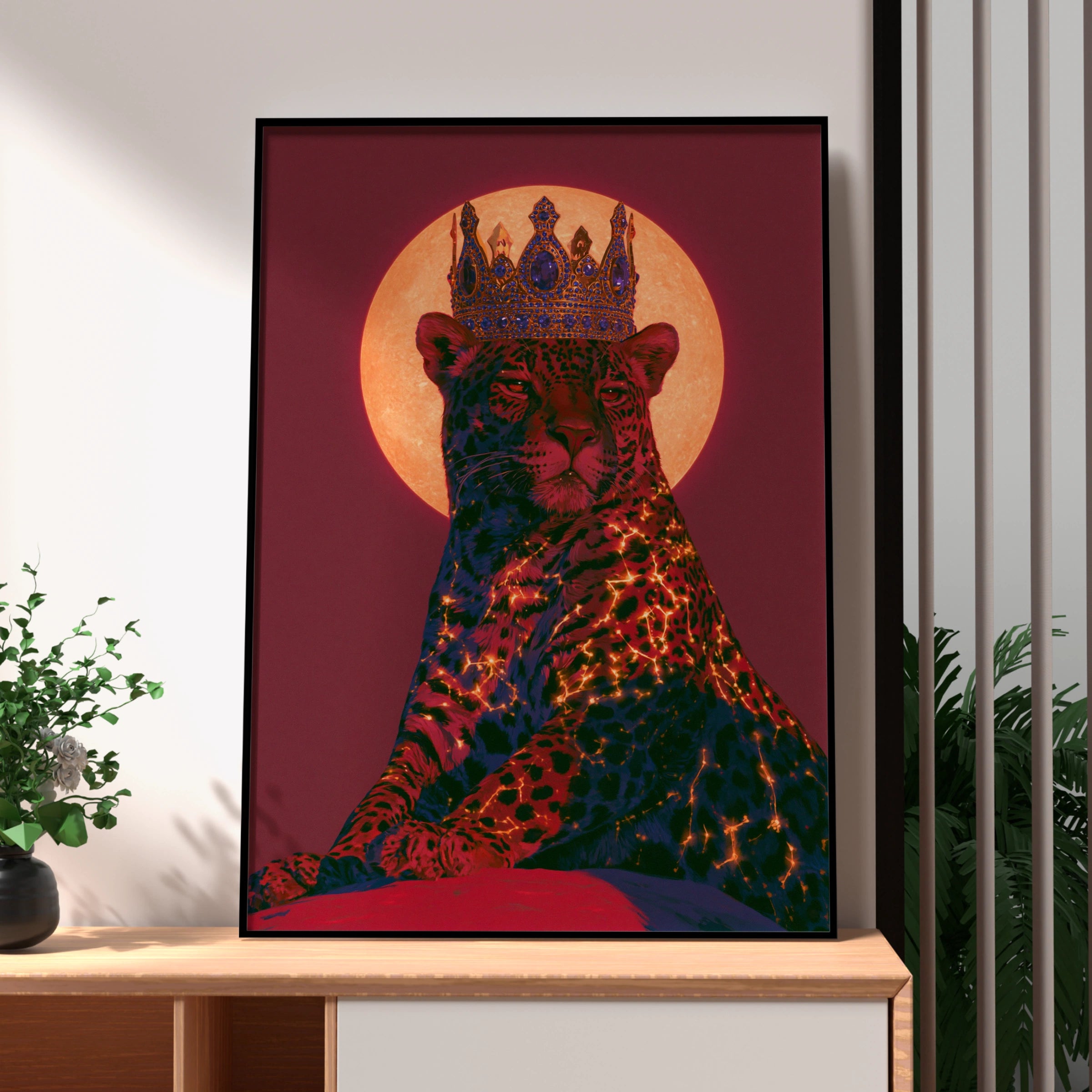 Crowned Jaguar Wall Art Poster, Crimson Moon Big Cat Print, Bold Animal Art
