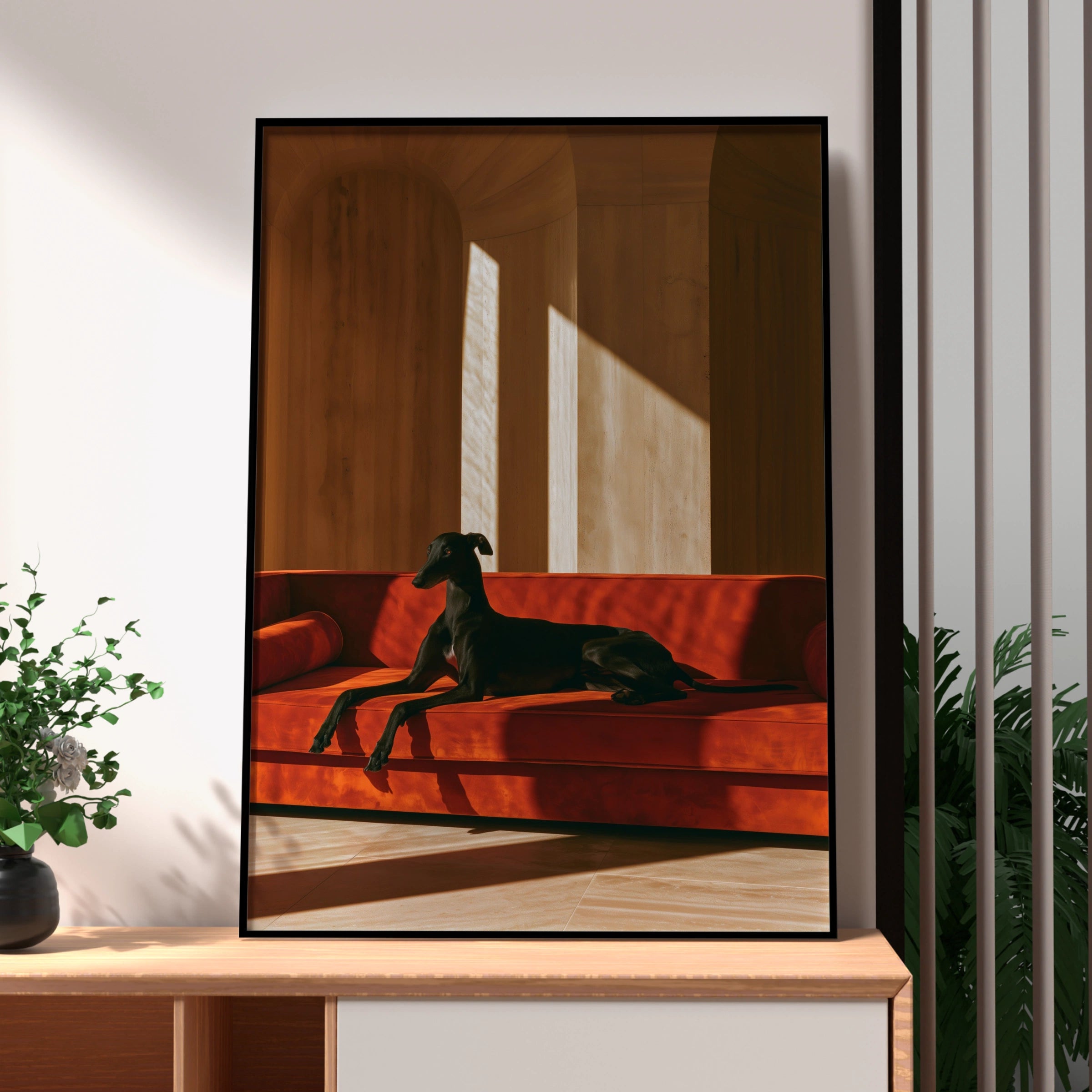 Greyhound on Red Sofa Poster, Black Hound Dog Wall Art, Warm Minimalist Print