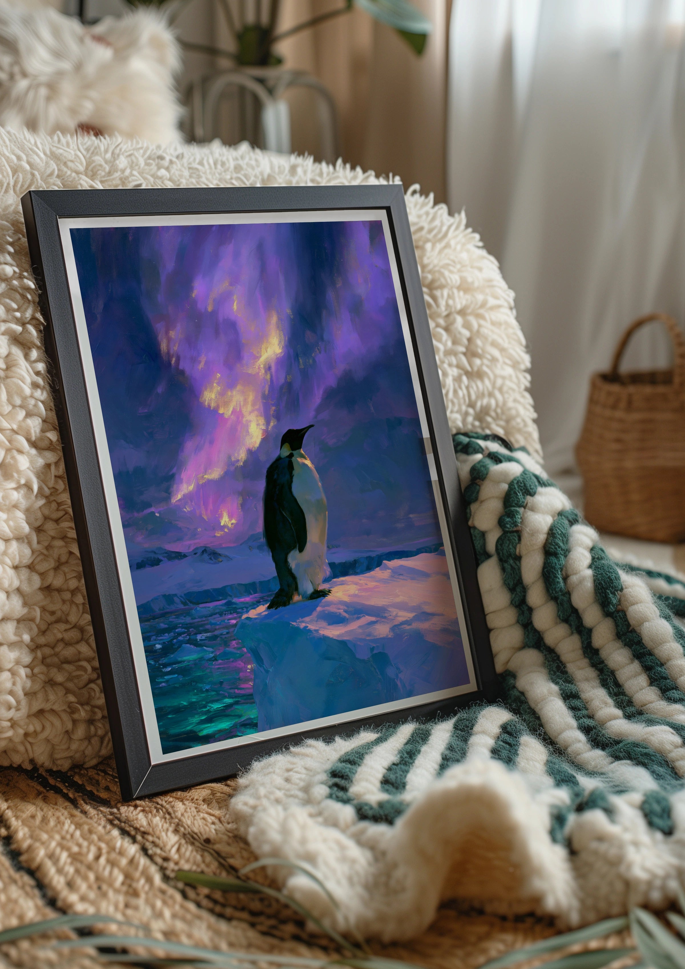 Penguin Aurora Borealis Poster, Antarctic Wildlife Art, Purple Northern Lights Print