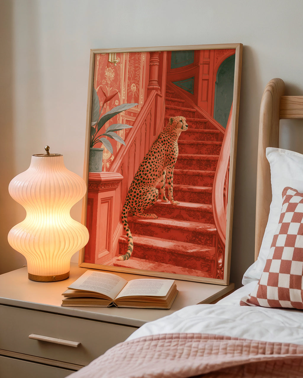 Cheetah on Red Staircase Poster, Victorian Interior, Bold Animal Wall Art