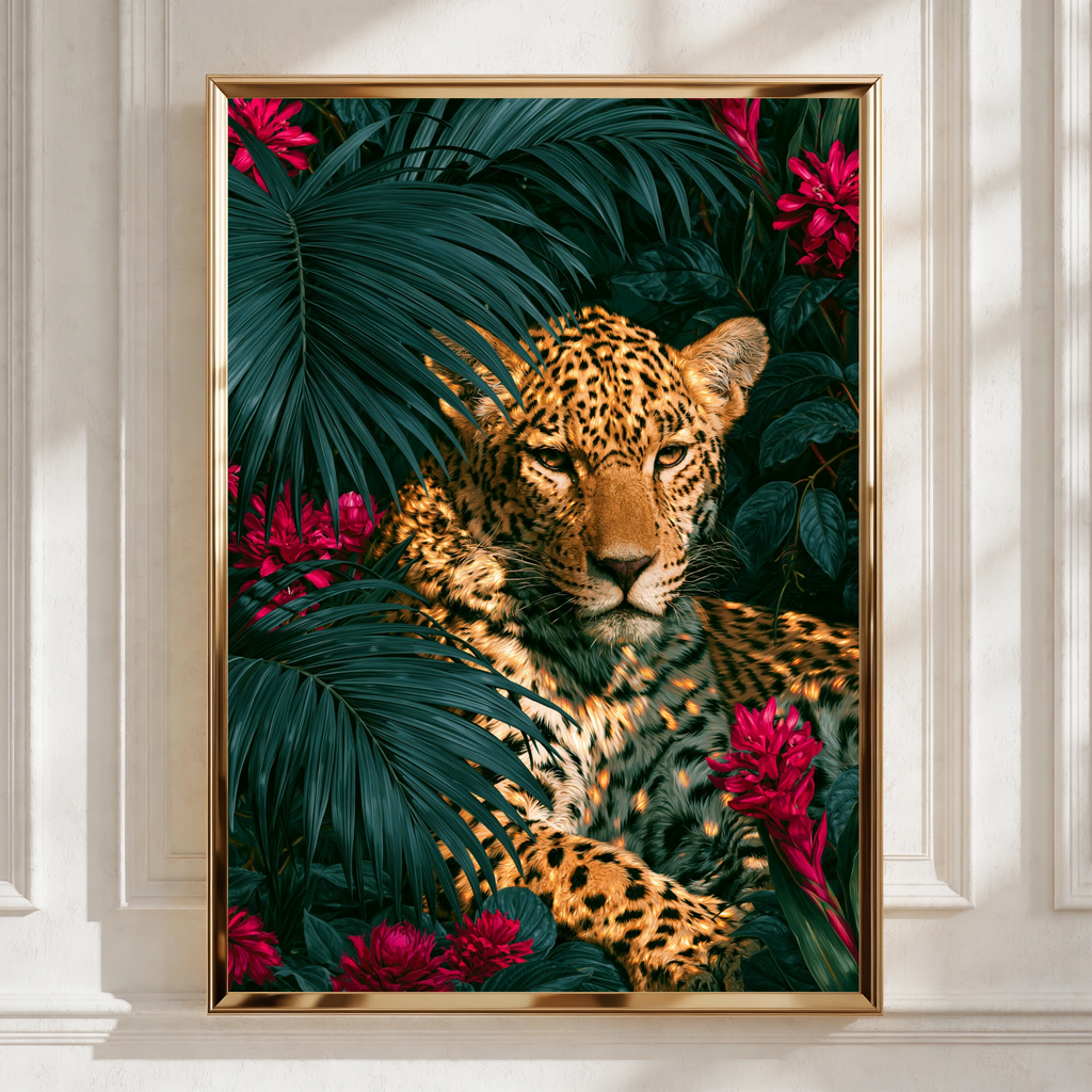 Jaguar Red Flowers Tropical Poster, Wild Cat Palm Leaves Wall Art Print