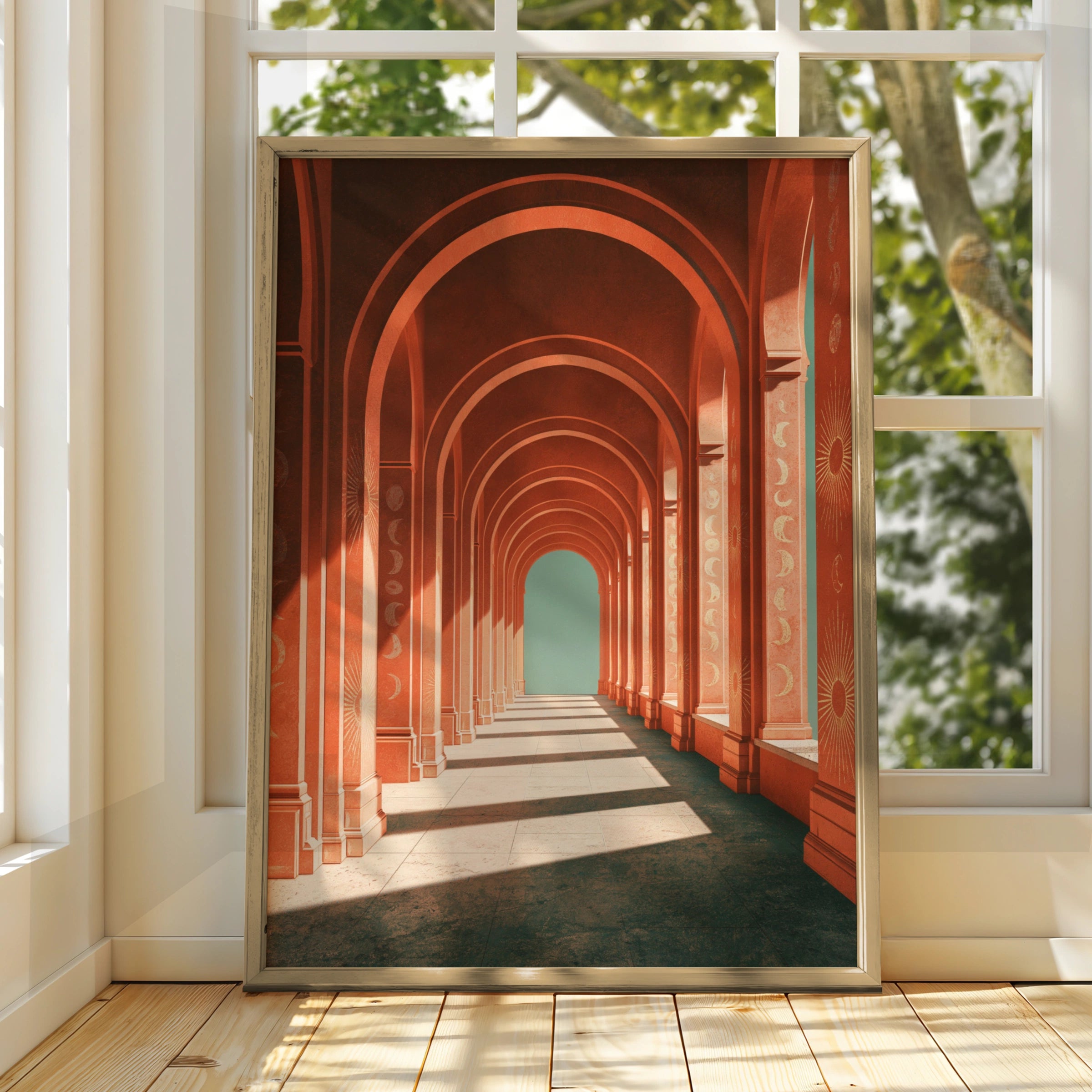Orange Arch Corridor Poster, Moon Phase Celestial Colonnade, Surreal Architecture Print