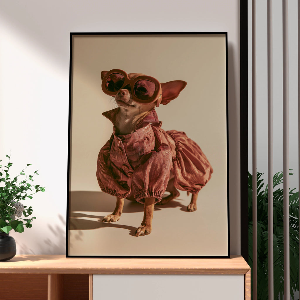 Chihuahua in Dress & Glasses Poster, Funny Fashionable Dog Wall Art Print