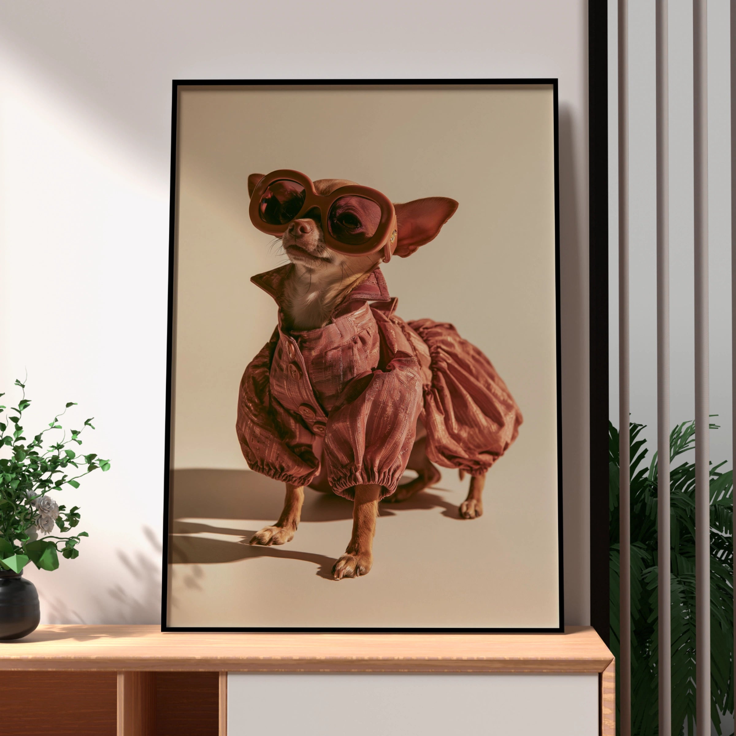Chihuahua in Dress & Glasses Poster, Funny Fashionable Dog Wall Art Print