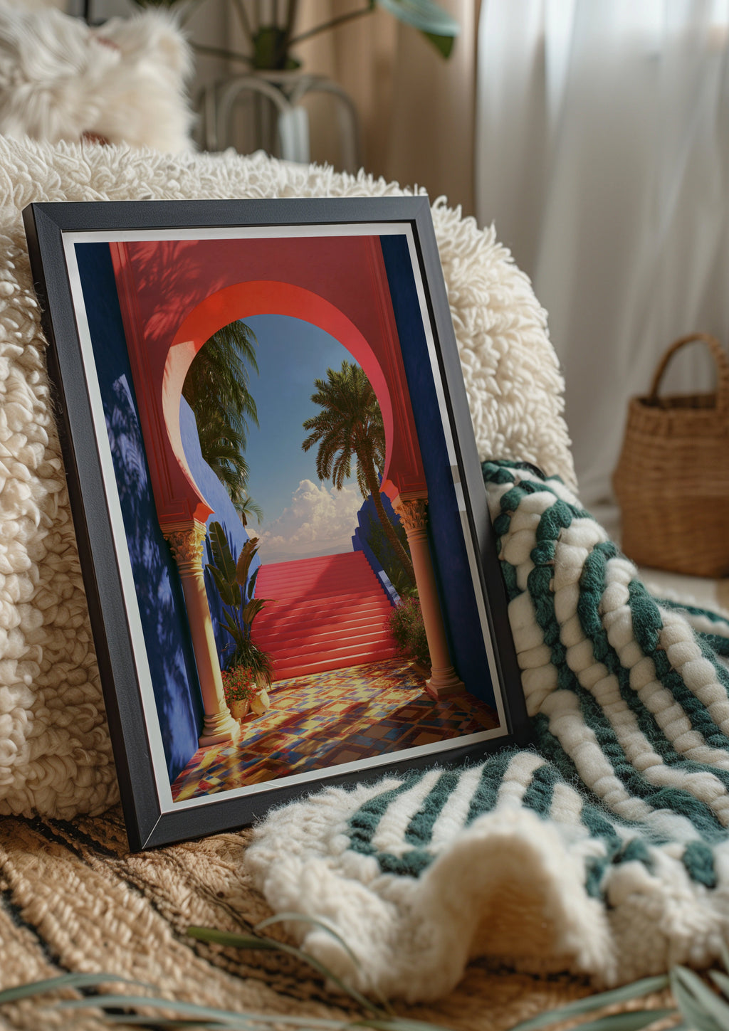 Moroccan Archway Palm Trees Poster, Red Blue Architecture Wall Art Print
