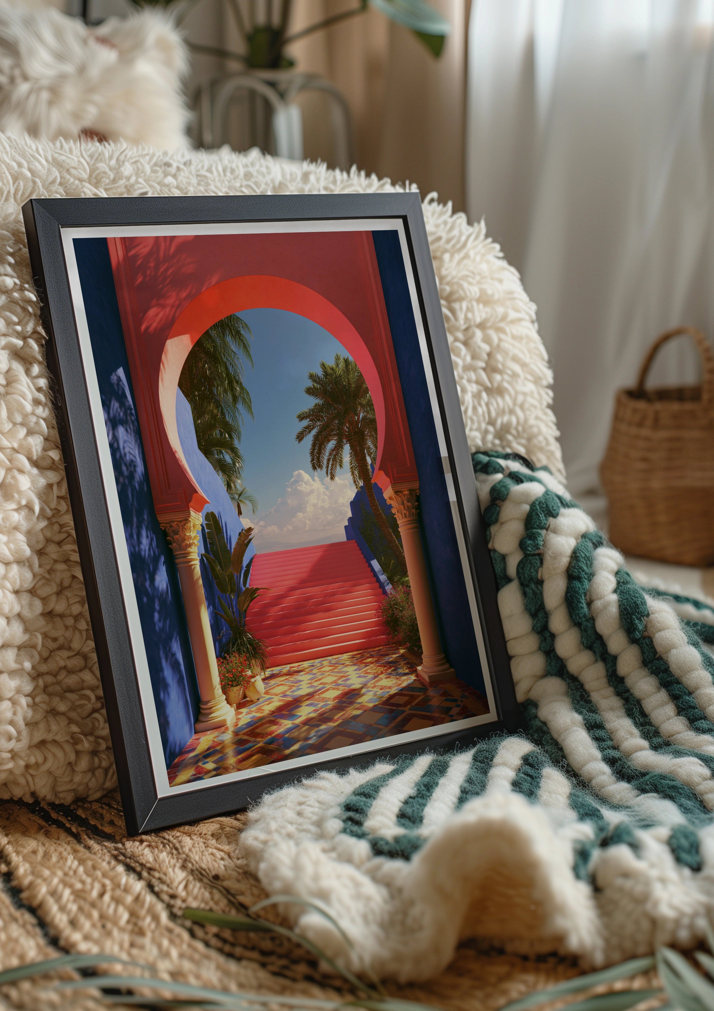 Moroccan Archway Palm Trees Poster, Red Blue Architecture Wall Art Print