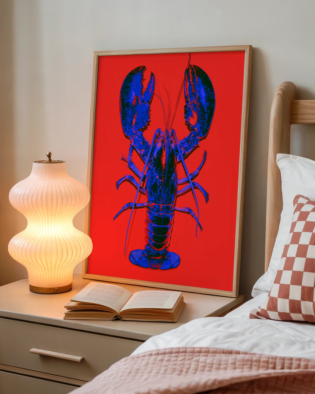 Blue Lobster Pop Art Poster, Bold Red Background, Graphic Animal Print